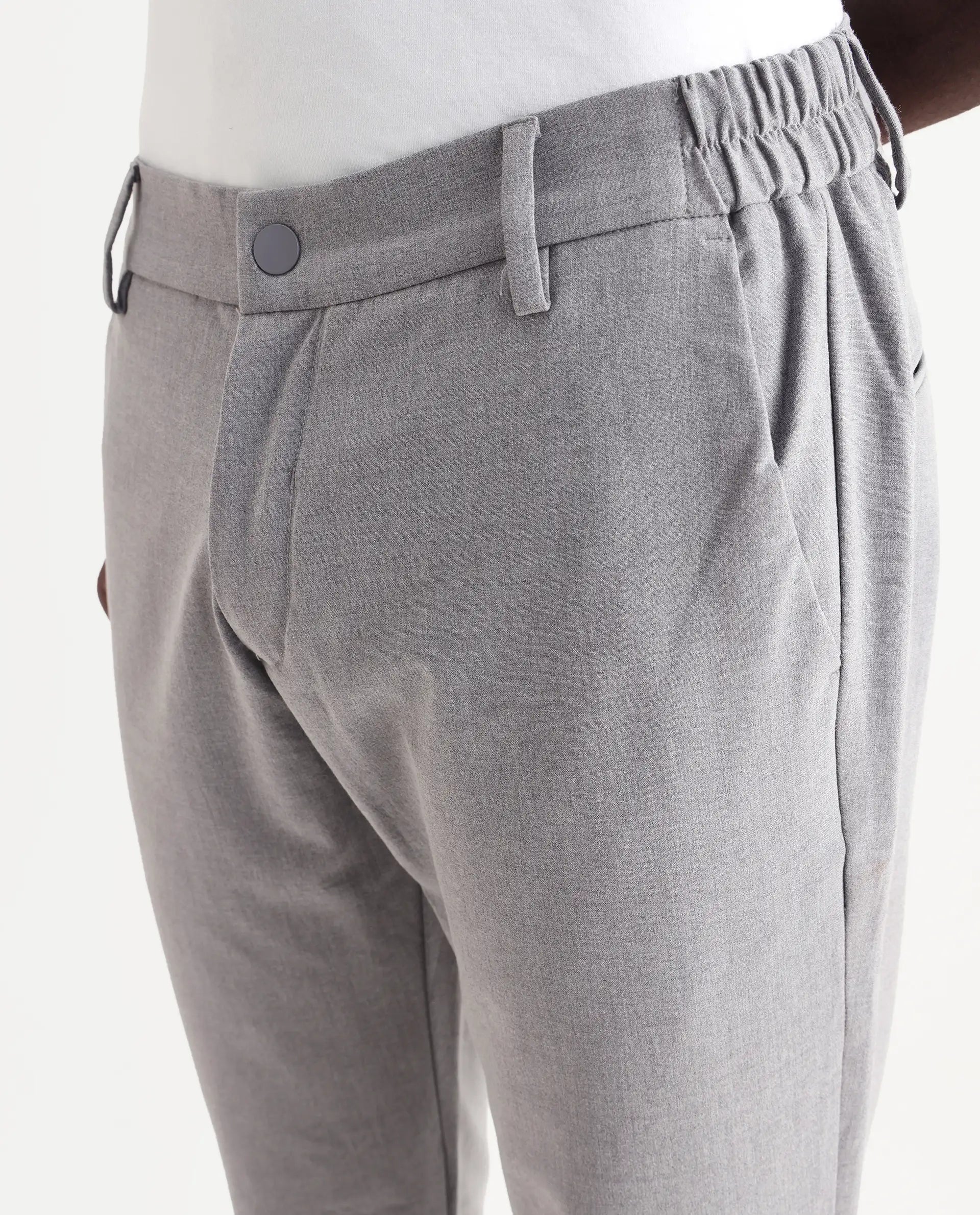 Rare Rabbit Men's Travel-24 Grey Poly Viscose Lycra Fabric Blend Solid Trousers