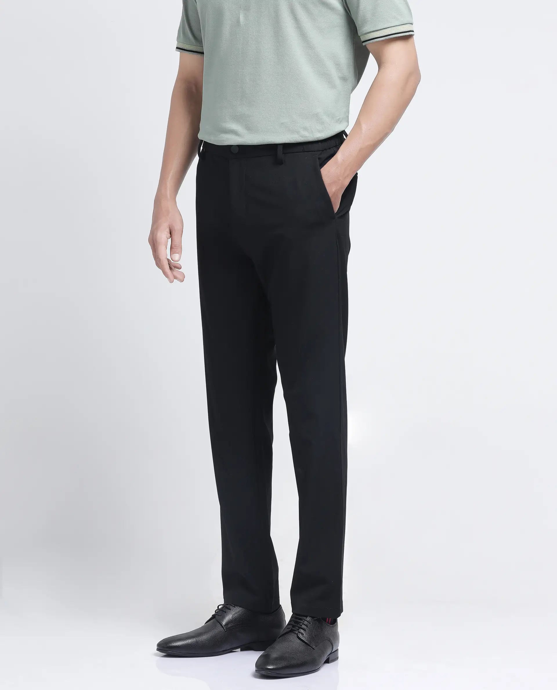 Rare Rabbit Men Travel-26R Black Polyester Blend Fabric Button Closure Plain Trouser