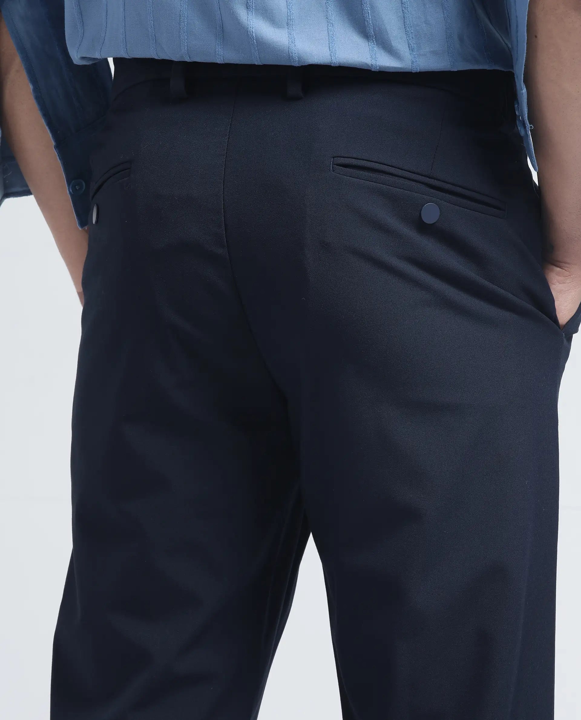 Rare Rabbit Men Travel-26R Navy Polyester Blend Fabric Button Closure Plain Trouser