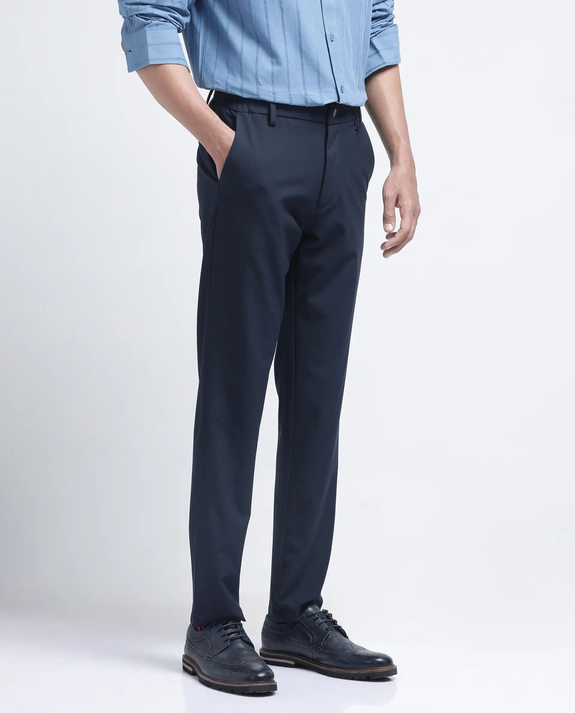 Rare Rabbit Men Travel-26R Navy Polyester Blend Fabric Button Closure Plain Trouser