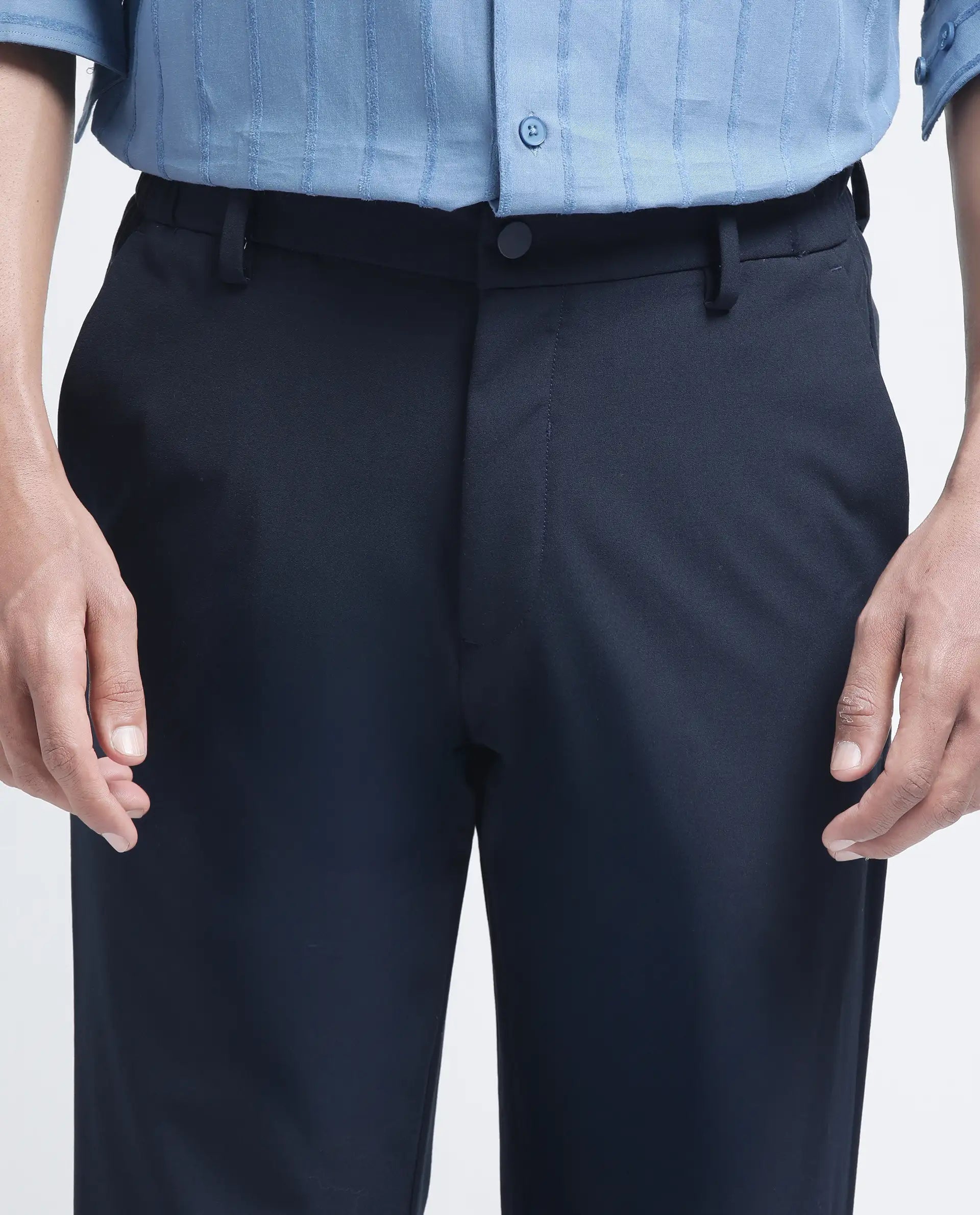 Rare Rabbit Men Travel-26R Navy Polyester Blend Fabric Button Closure Plain Trouser