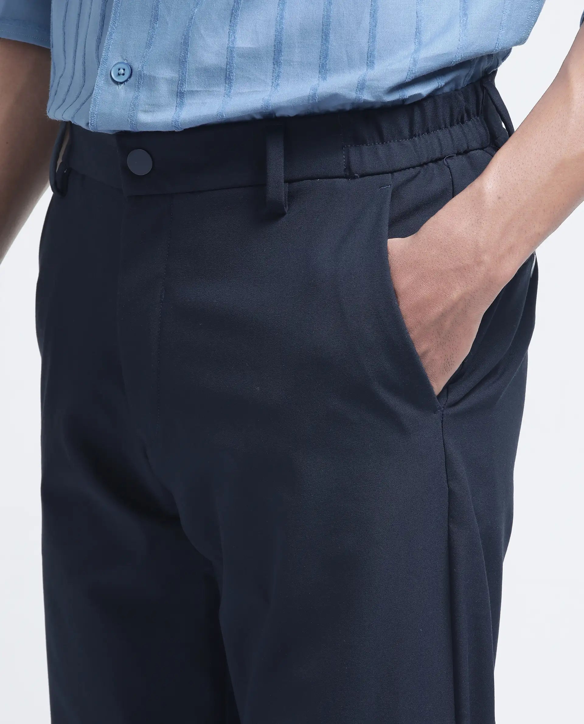 Rare Rabbit Men Travel-26R Navy Polyester Blend Fabric Button Closure Plain Trouser