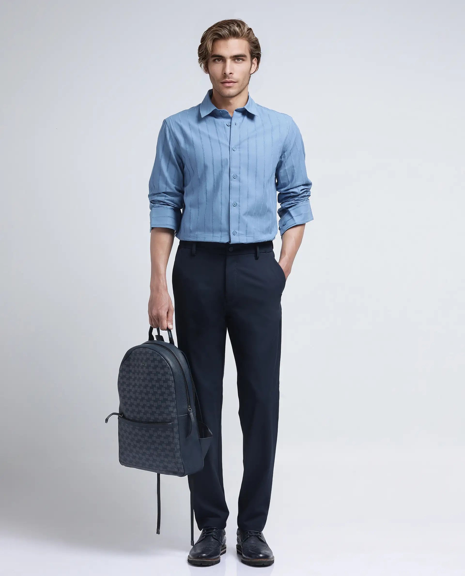 Rare Rabbit Men Travel-26R Navy Polyester Blend Fabric Button Closure Plain Trouser