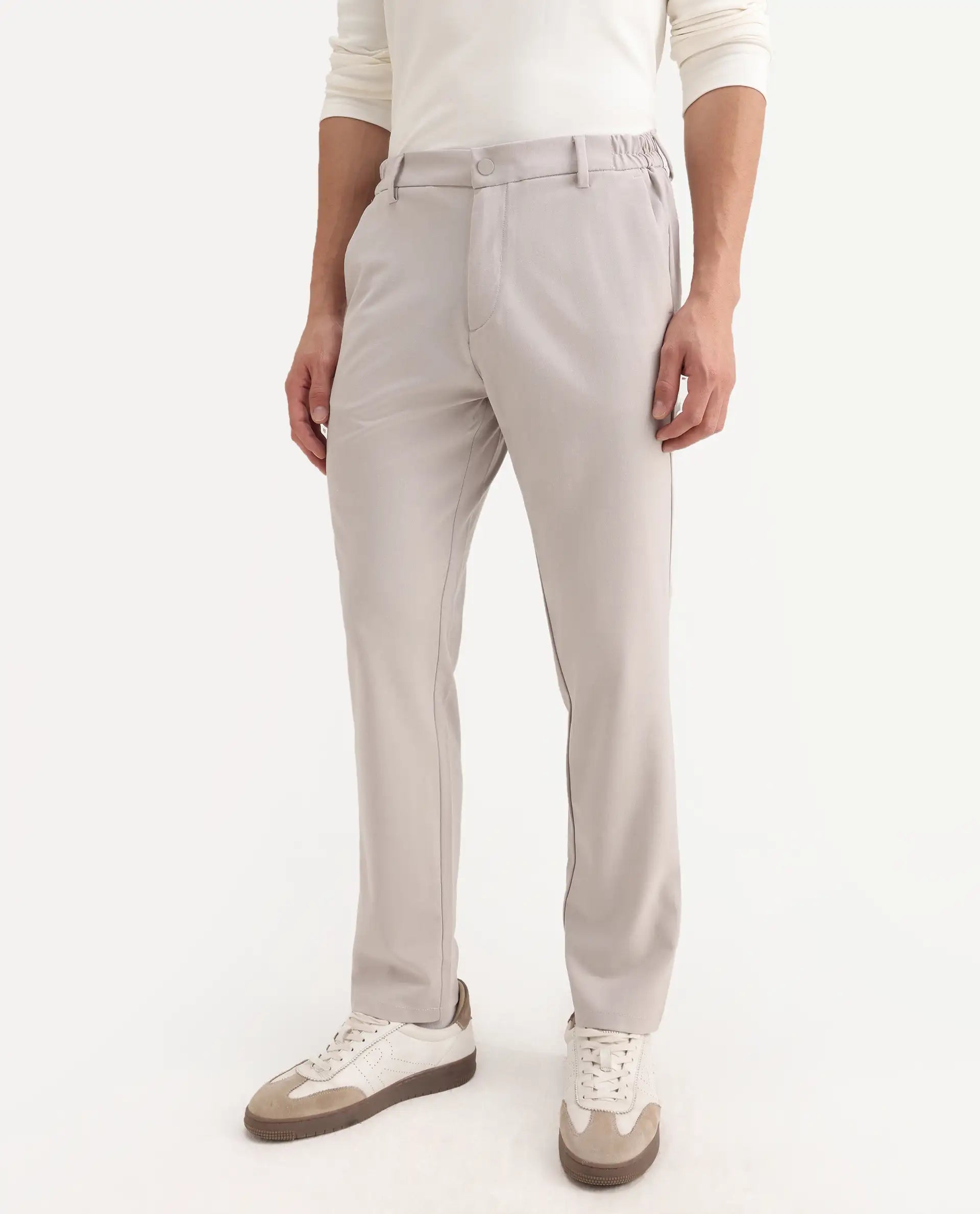 Rare Rabbit Men's Travel-26R Light Beige Polyester Blend Plain Regular Fit Trouser