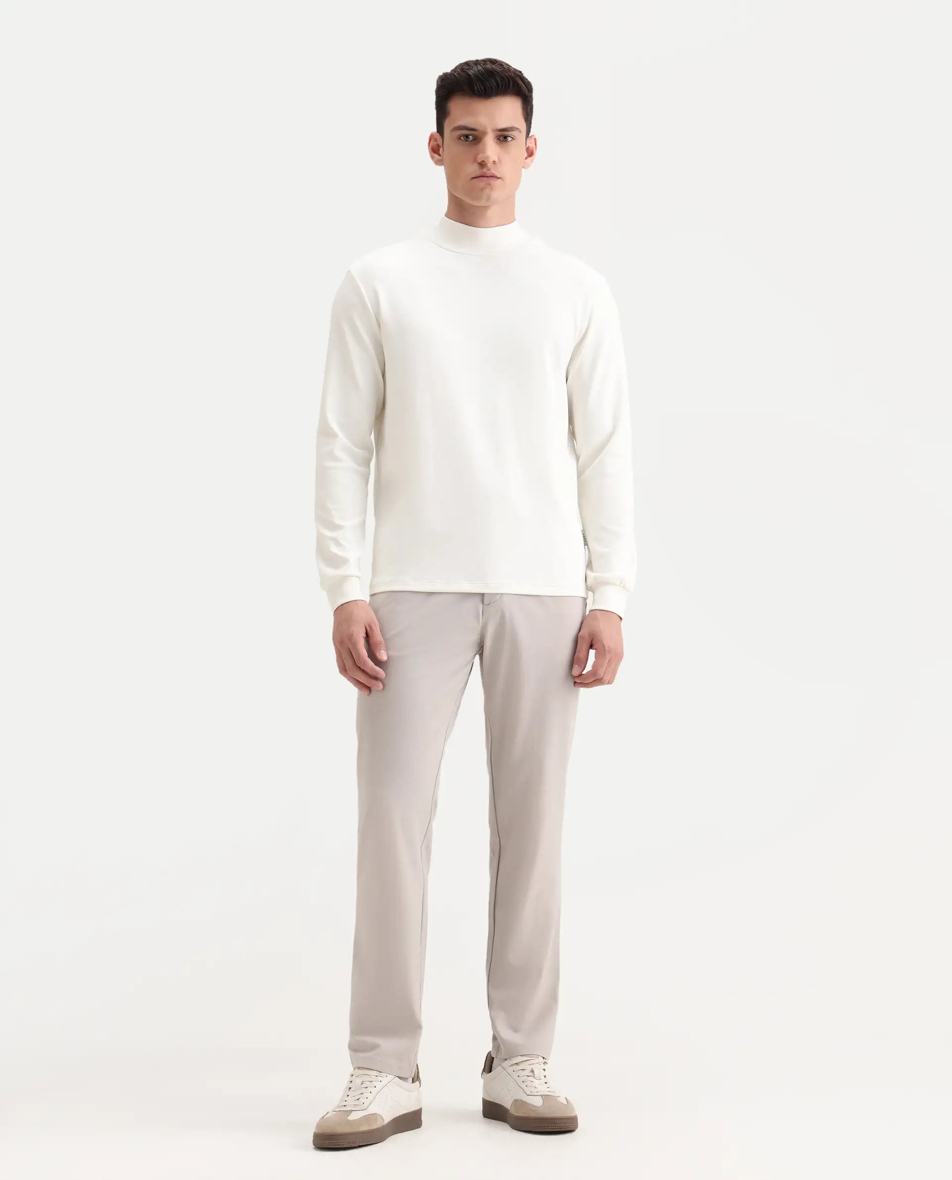 Rare Rabbit Men's Travel-26R Light Beige Polyester Blend Plain Regular Fit Trouser