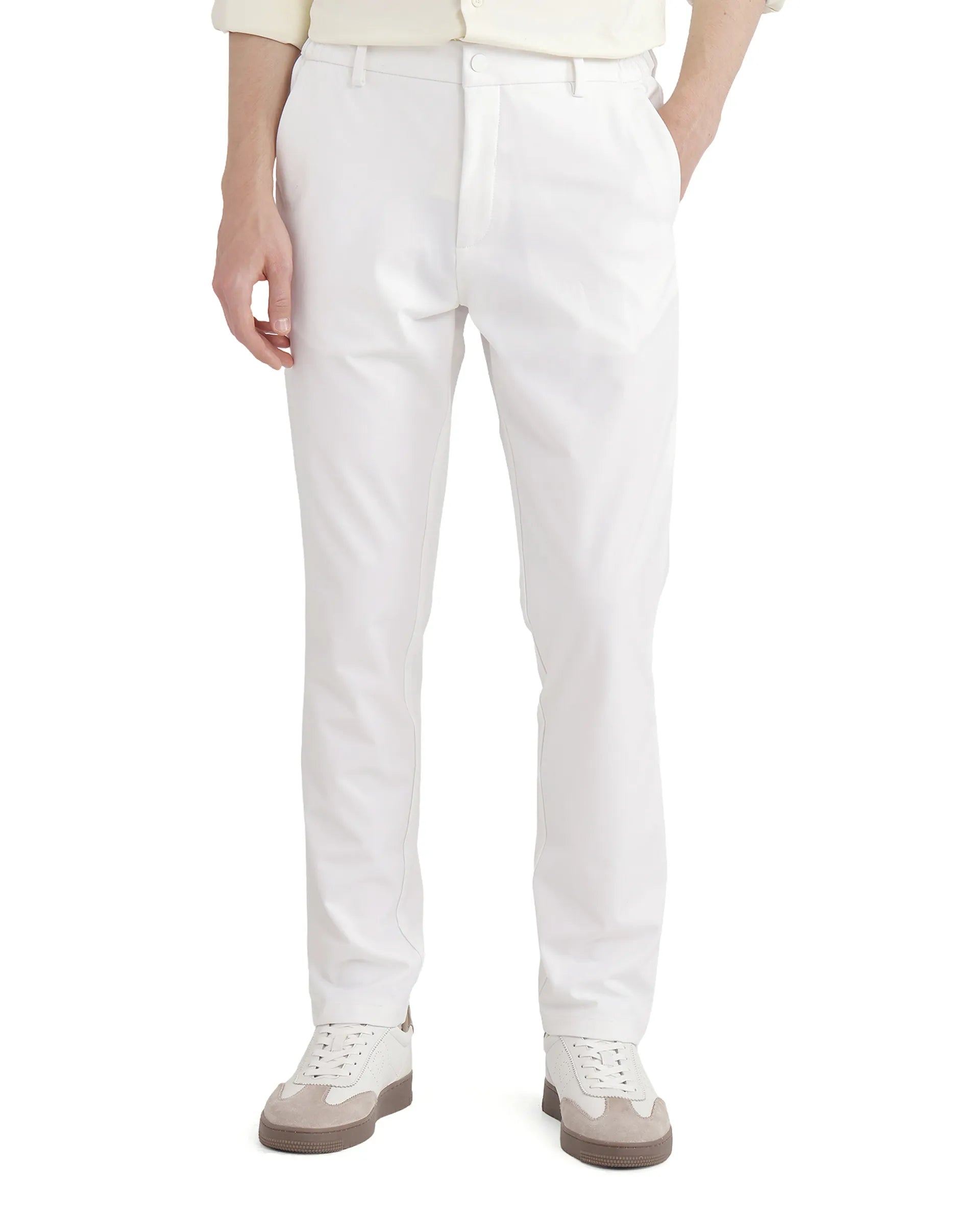 Rare Rabbit Men Travel-26 White Cotton Elastane Fabric Button And Zip Closure Plain Trouser