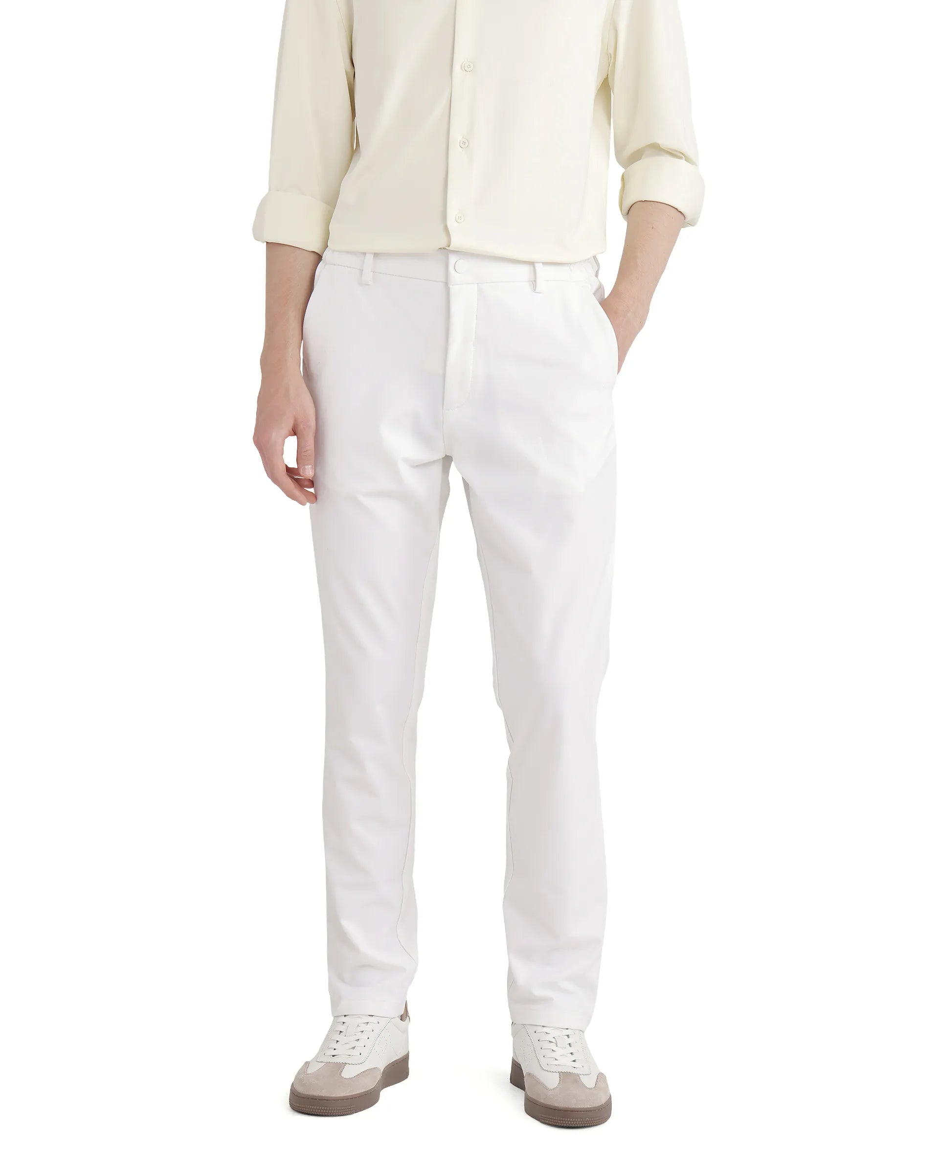 Rare Rabbit Men Travel-26 White Cotton Elastane Fabric Button And Zip Closure Plain Trouser