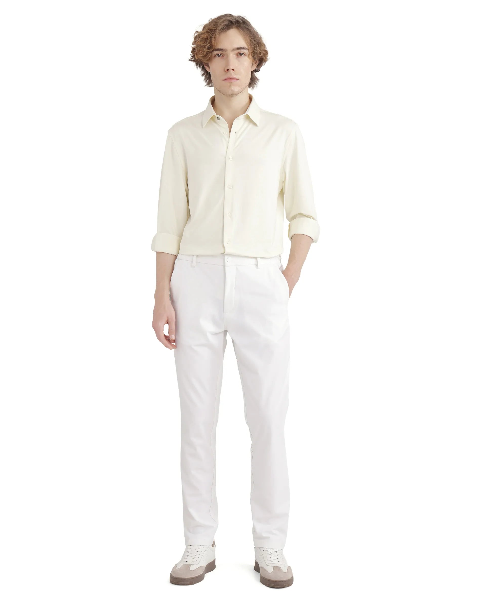 Rare Rabbit Men Travel-26 White Cotton Elastane Fabric Button And Zip Closure Plain Trouser