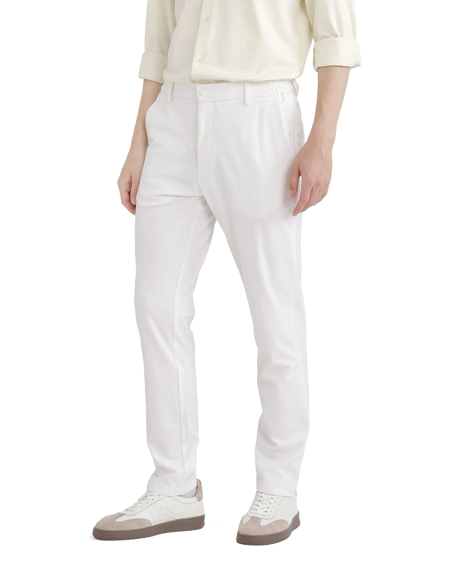 Rare Rabbit Men Travel-26 White Cotton Elastane Fabric Button And Zip Closure Plain Trouser
