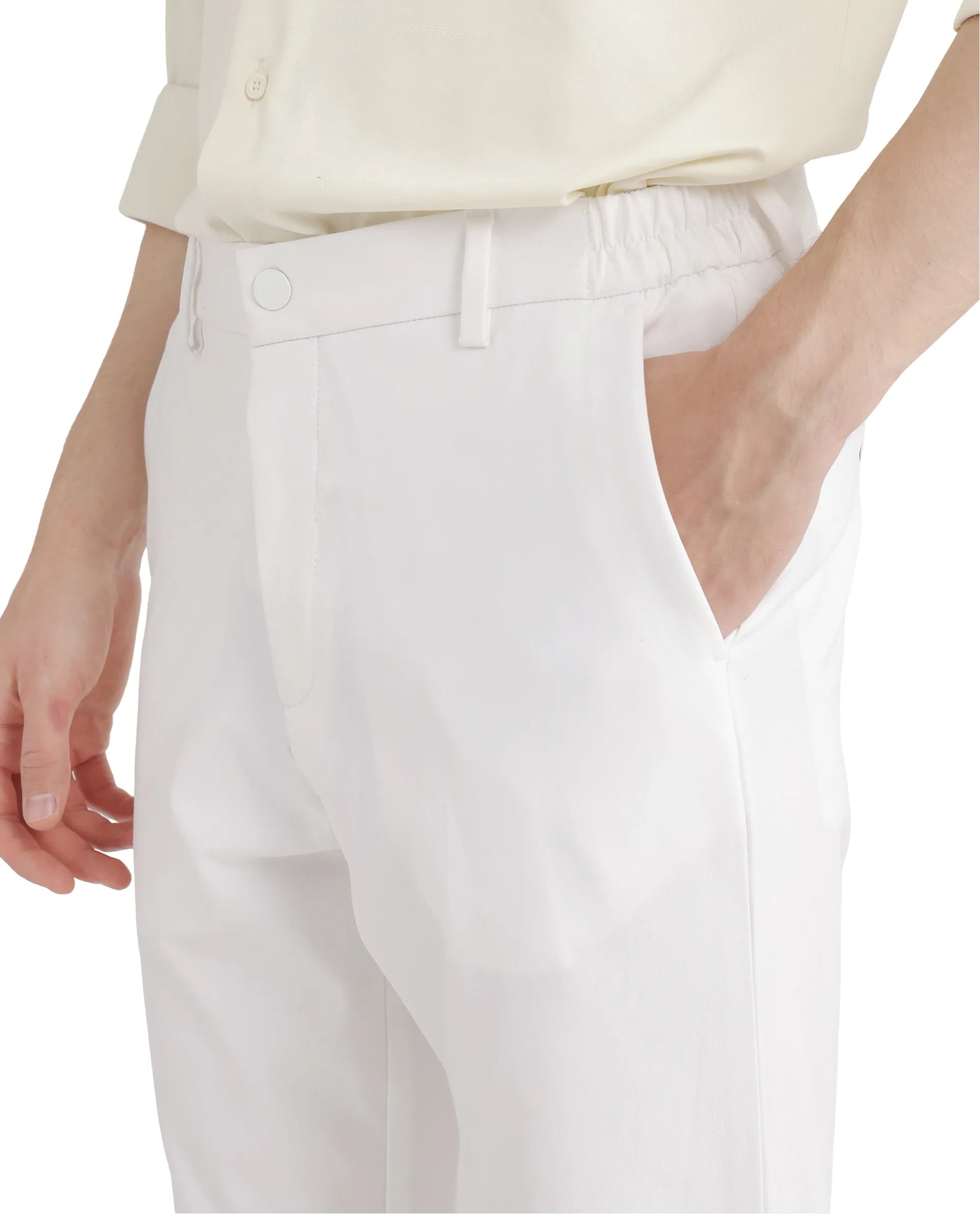 Rare Rabbit Men Travel-26 White Cotton Elastane Fabric Button And Zip Closure Plain Trouser