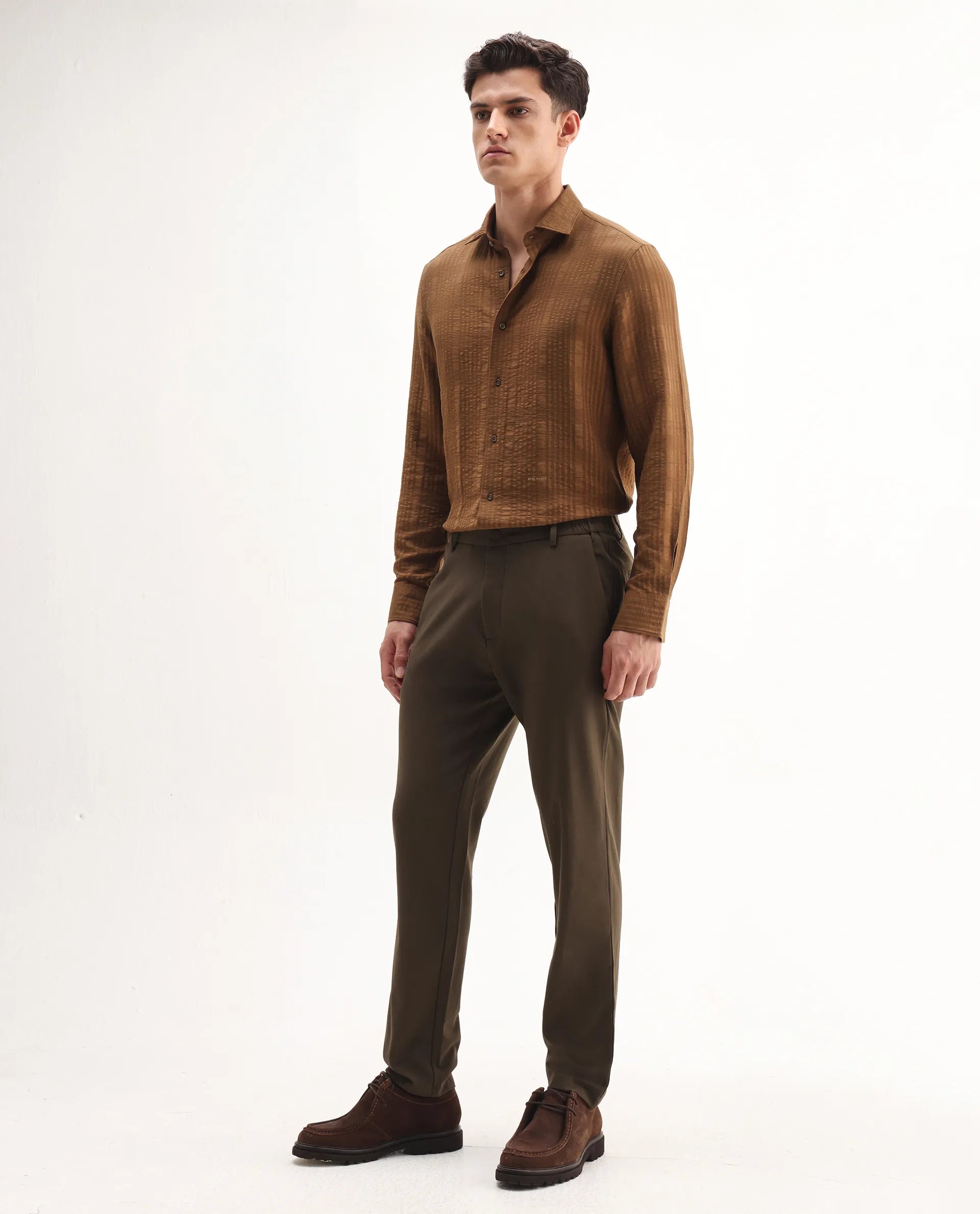 Rare Rabbit Men's Travel-Aw25 Dark Brown Polyester Blend Plain Regular Fit Trouser