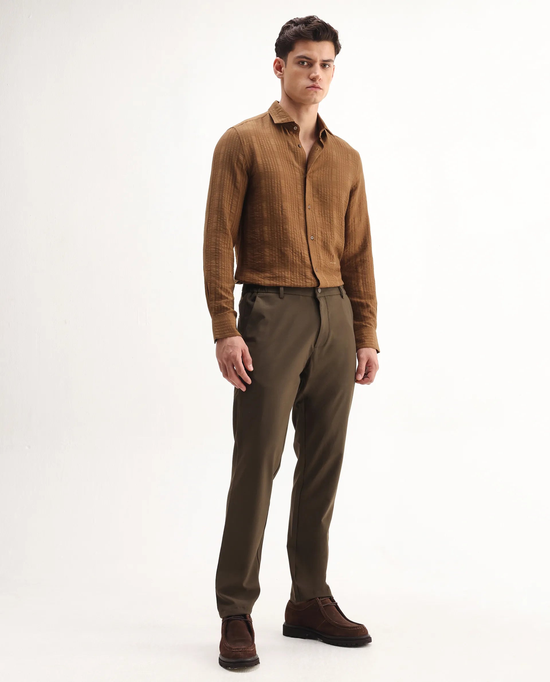 Rare Rabbit Men's Travel-Aw25 Dark Brown Polyester Blend Plain Regular Fit Trouser