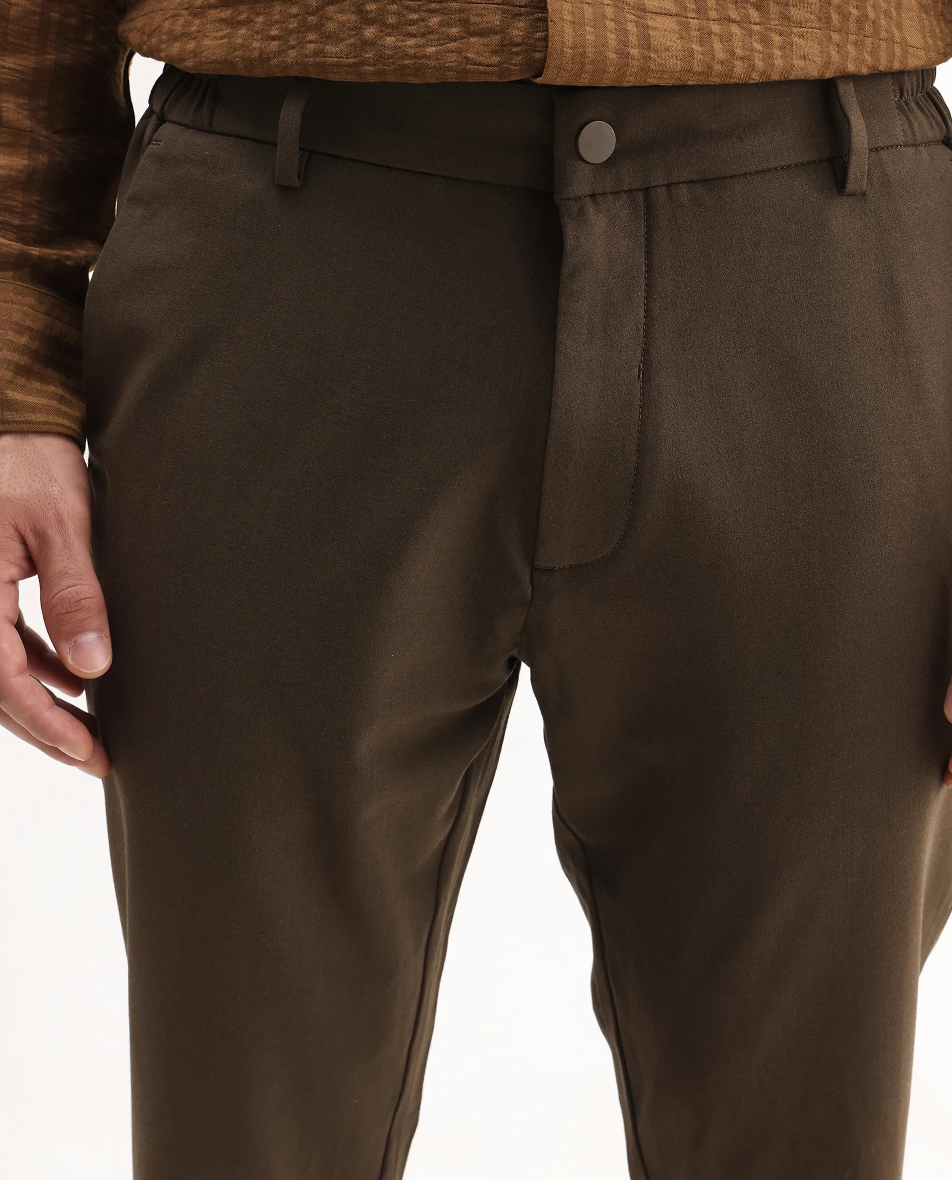 Rare Rabbit Men's Travel-Aw25 Dark Brown Polyester Blend Plain Regular Fit Trouser