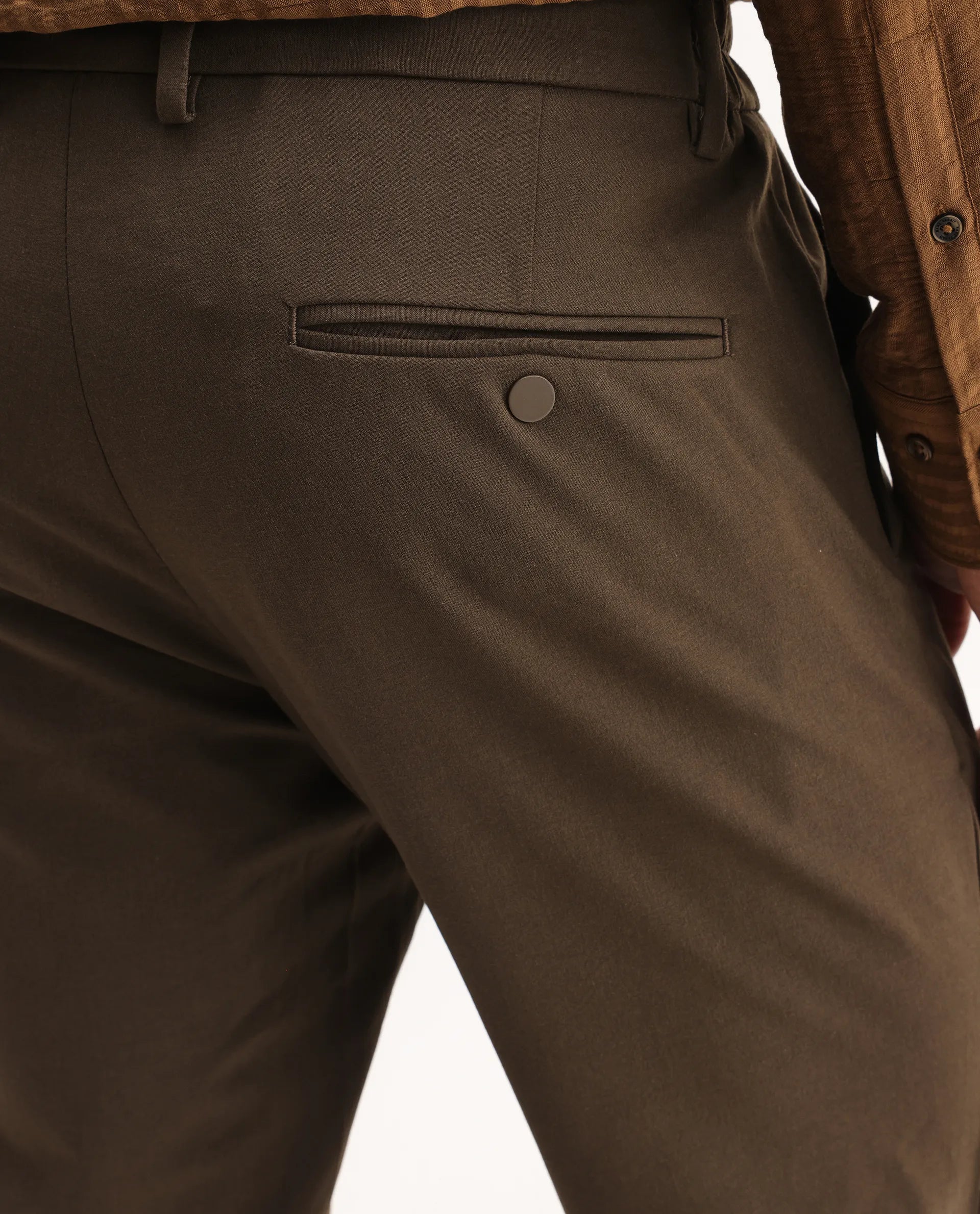 Rare Rabbit Men's Travel-Aw25 Dark Brown Polyester Blend Plain Regular Fit Trouser