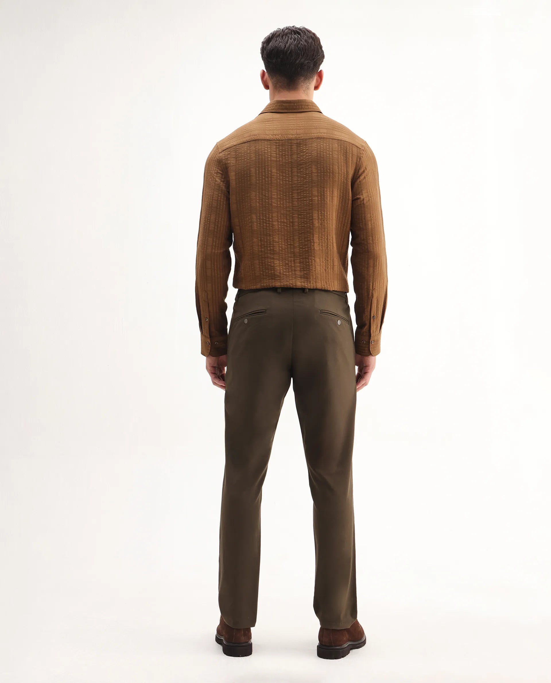 Rare Rabbit Men's Travel-Aw25 Dark Brown Polyester Blend Plain Regular Fit Trouser