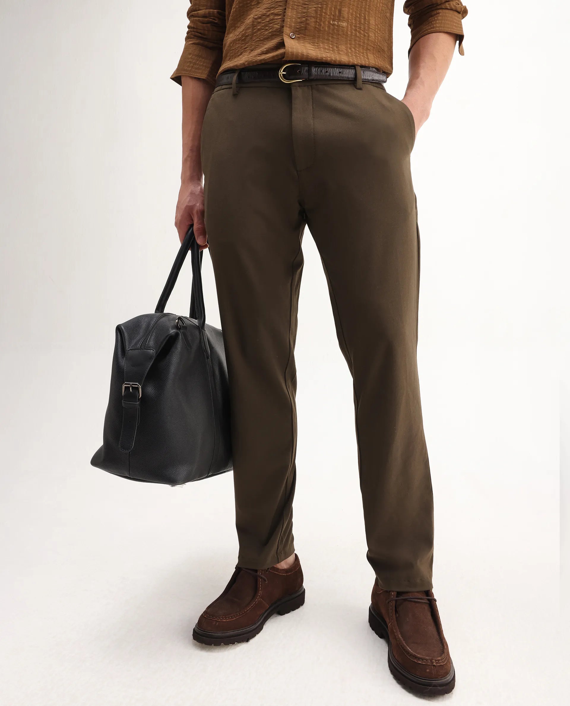 Rare Rabbit Men's Travel-Aw25 Dark Brown Polyester Blend Plain Regular Fit Trouser