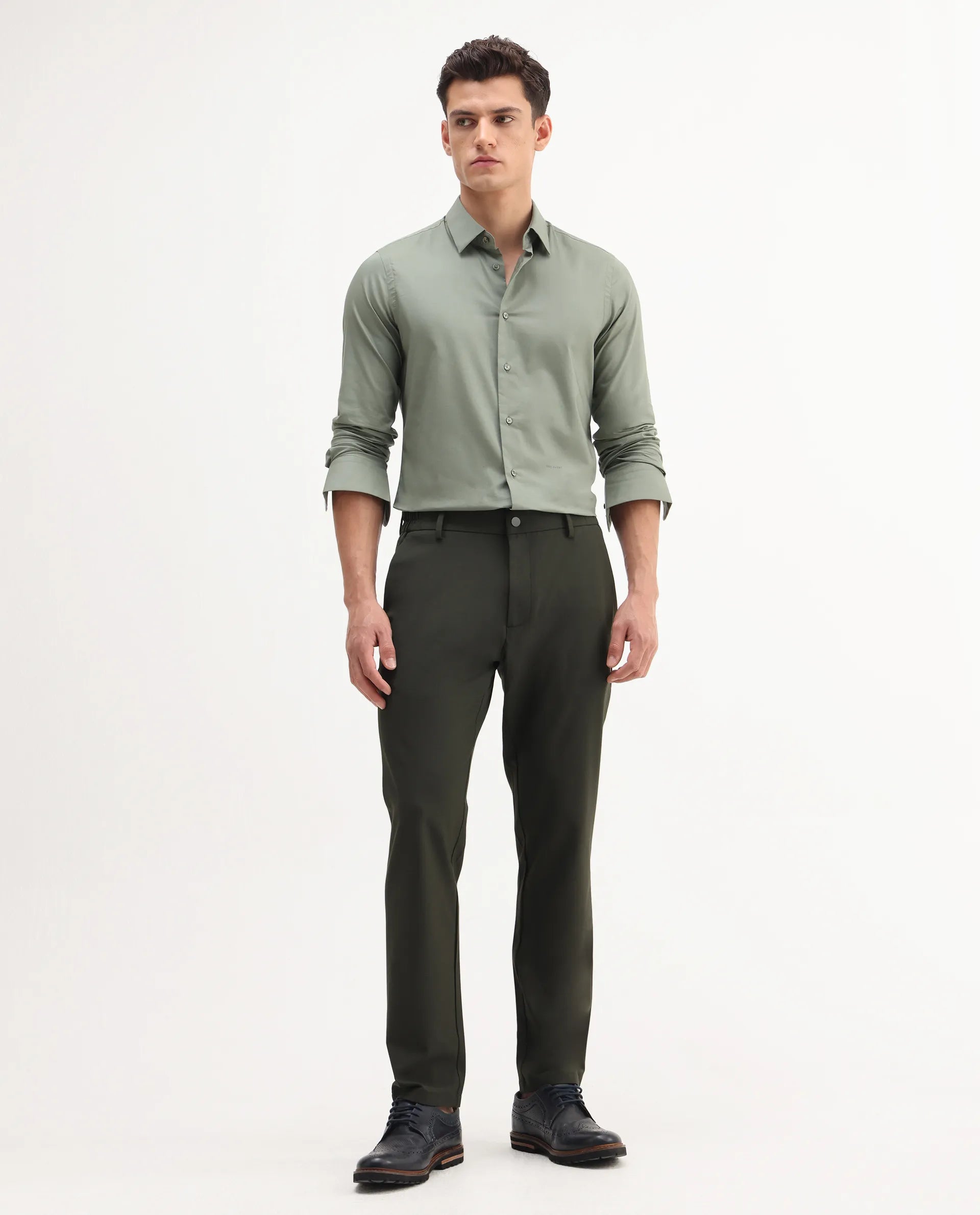 Rare Rabbit Men Travel-Aw25 Green Polyester Fabric Button And Zip Closure Closure Plain Trouser