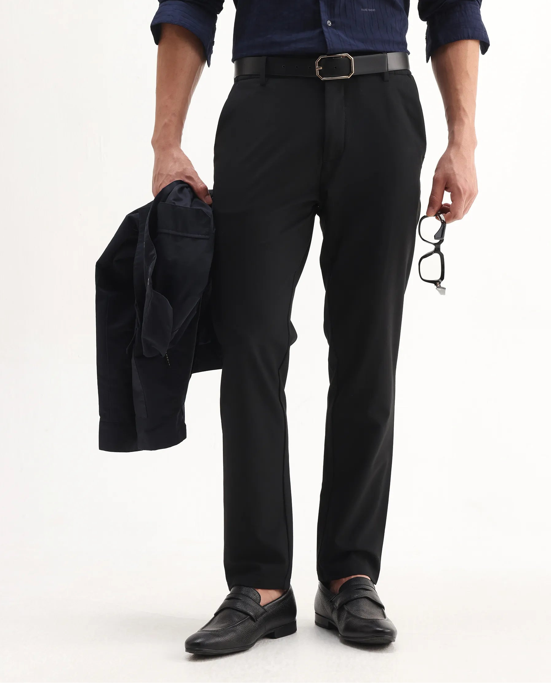 Rare Rabbit Men's Travel-Aw25 Black Polyester Fabric Button And Zip Closure Closure Plain Trouser
