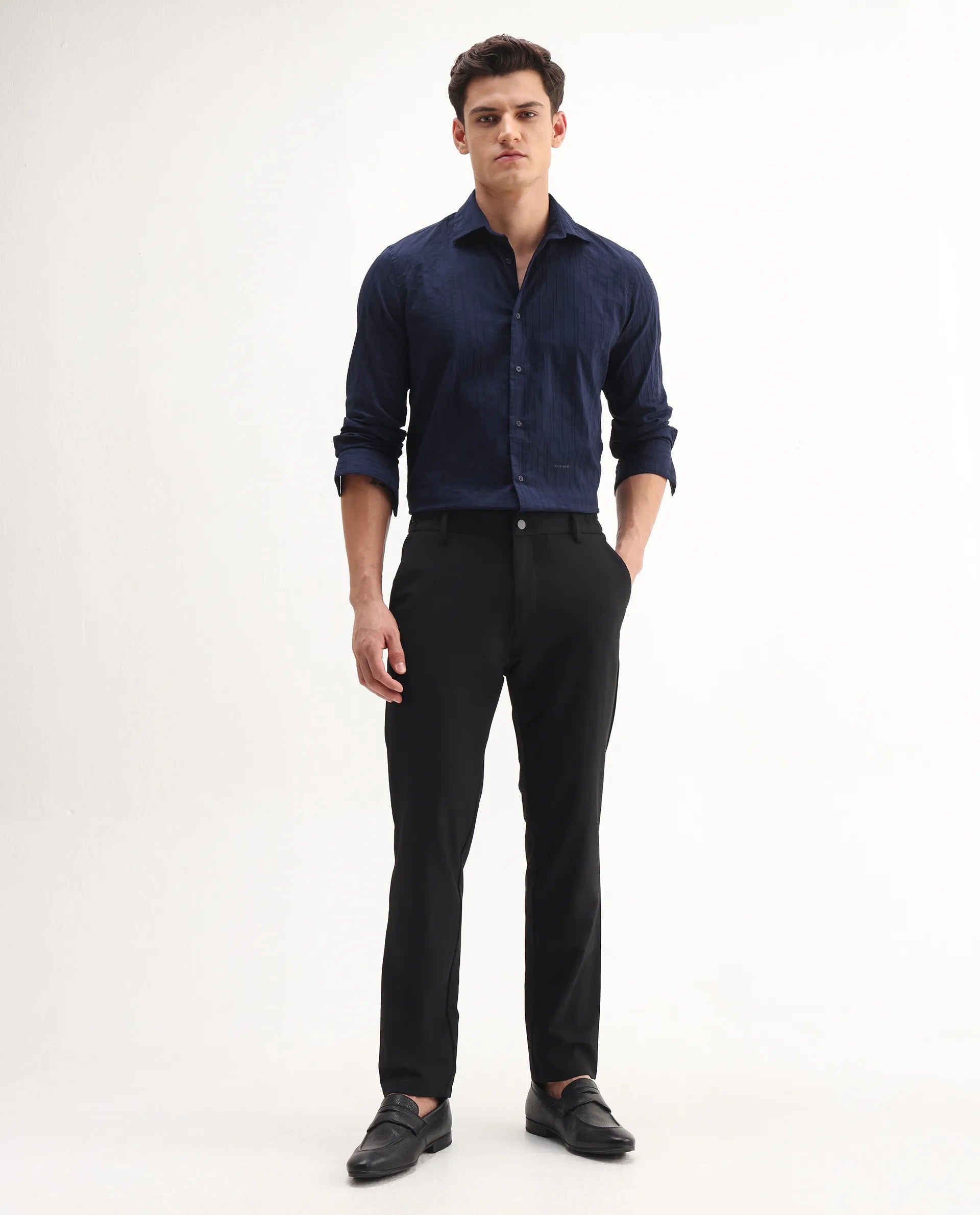 Rare Rabbit Men's Travel-Aw25 Black Polyester Fabric Button And Zip Closure Closure Plain Trouser