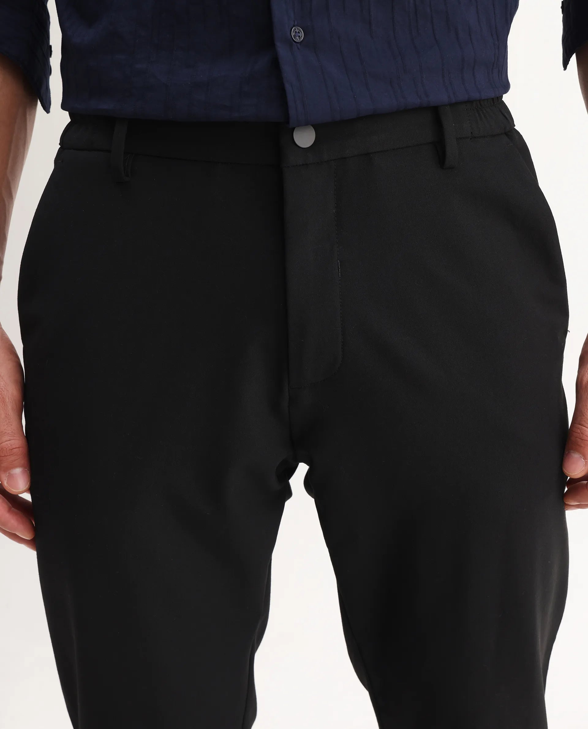 Rare Rabbit Men's Travel-Aw25 Black Polyester Fabric Button And Zip Closure Closure Plain Trouser