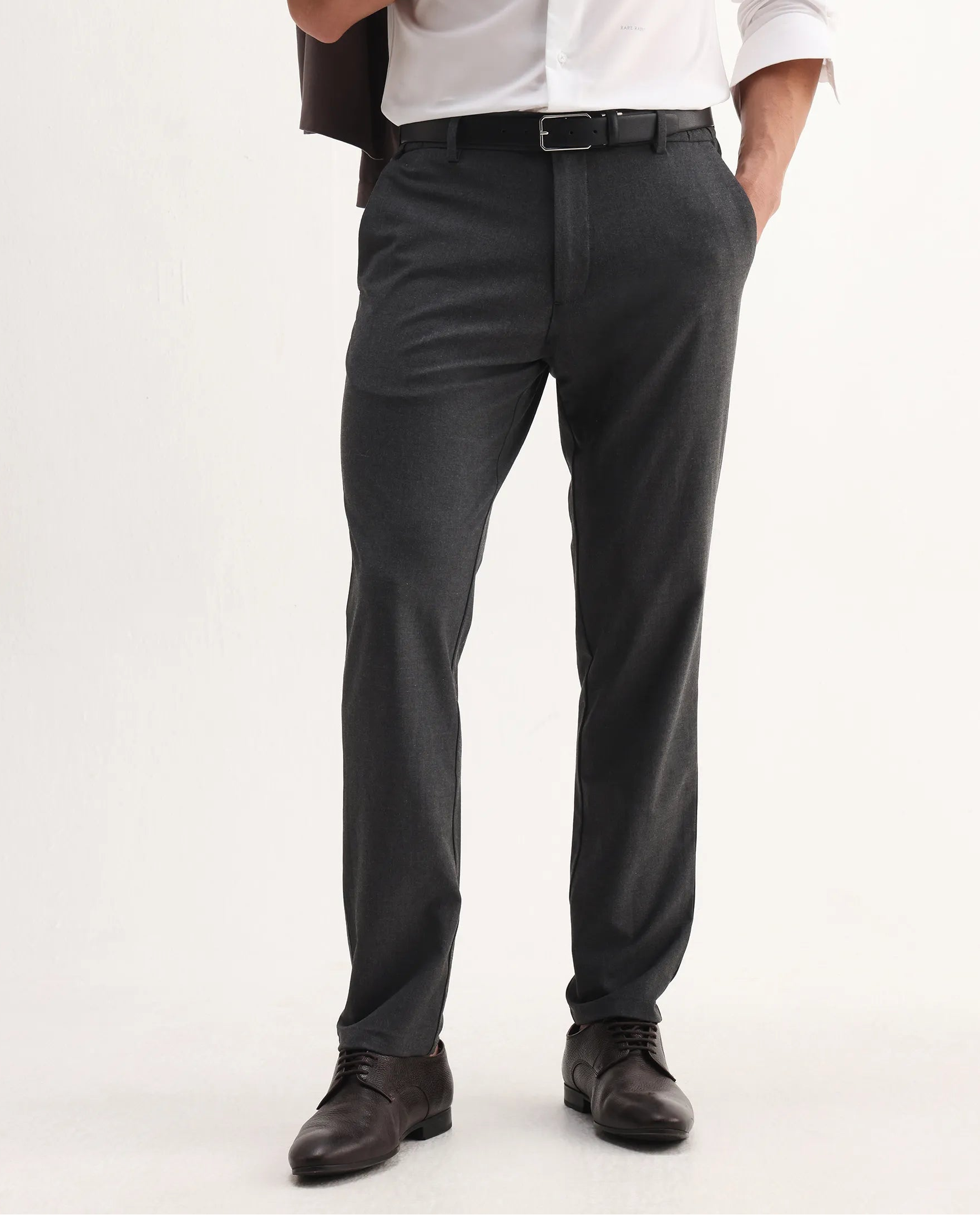 Rare Rabbit Men's Travel-Aw25 Dark Grey Polyester Blend Plain Regular Fit Trouser