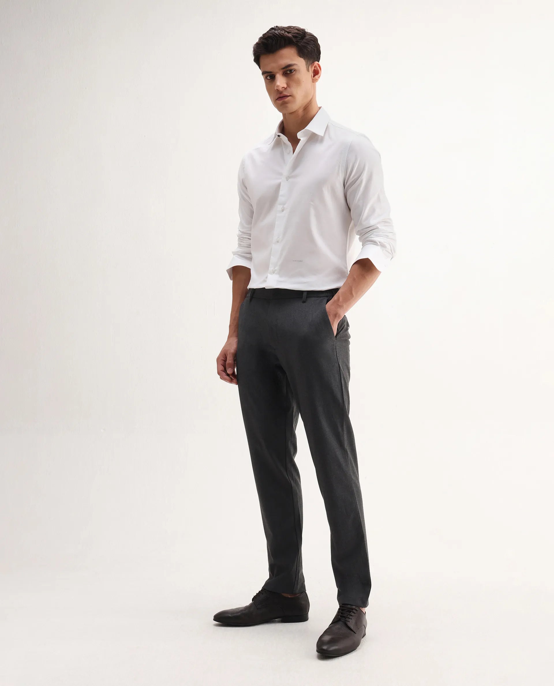 Rare Rabbit Men's Travel-Aw25 Dark Grey Polyester Blend Plain Regular Fit Trouser