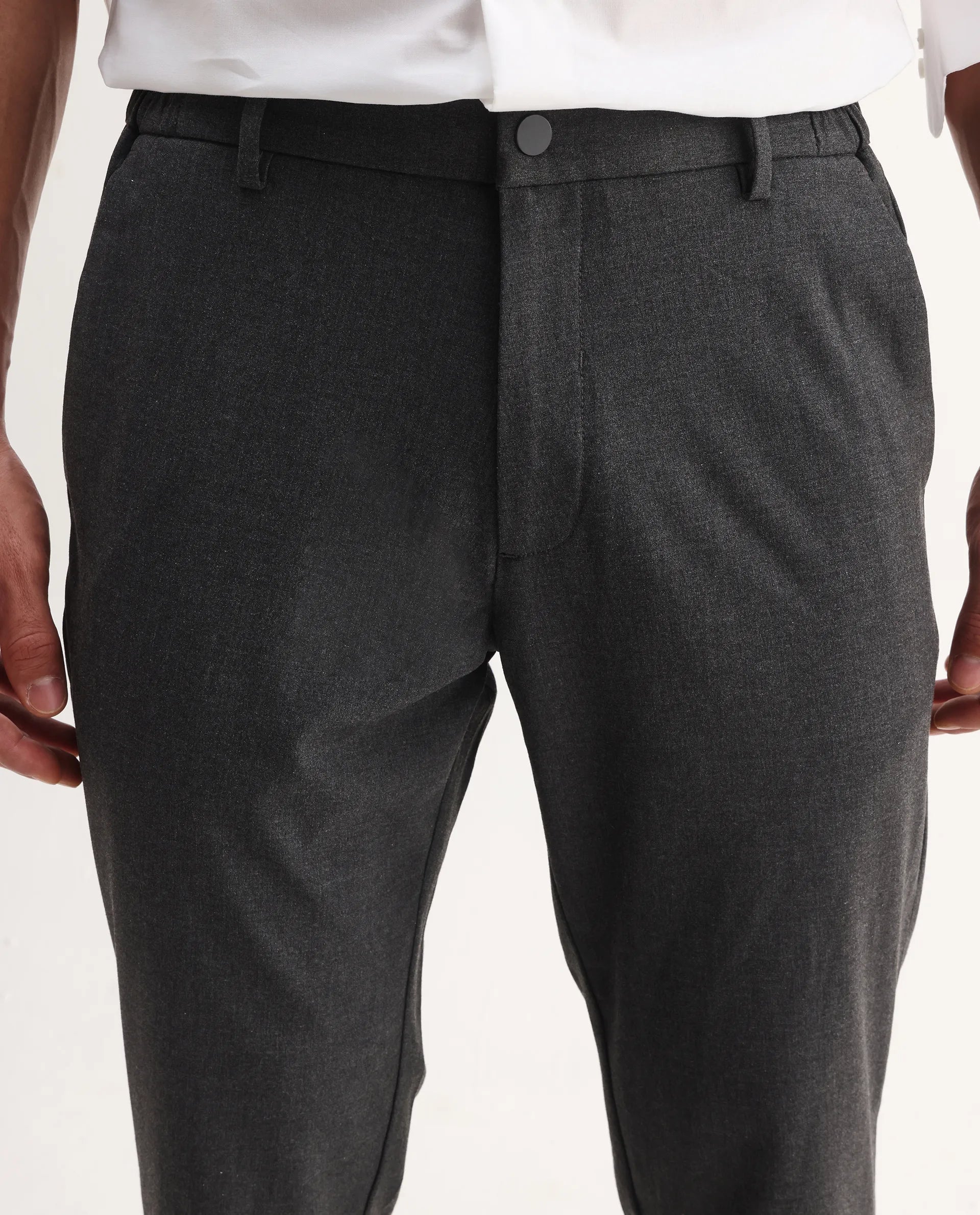 Rare Rabbit Men's Travel-Aw25 Dark Grey Polyester Blend Plain Regular Fit Trouser