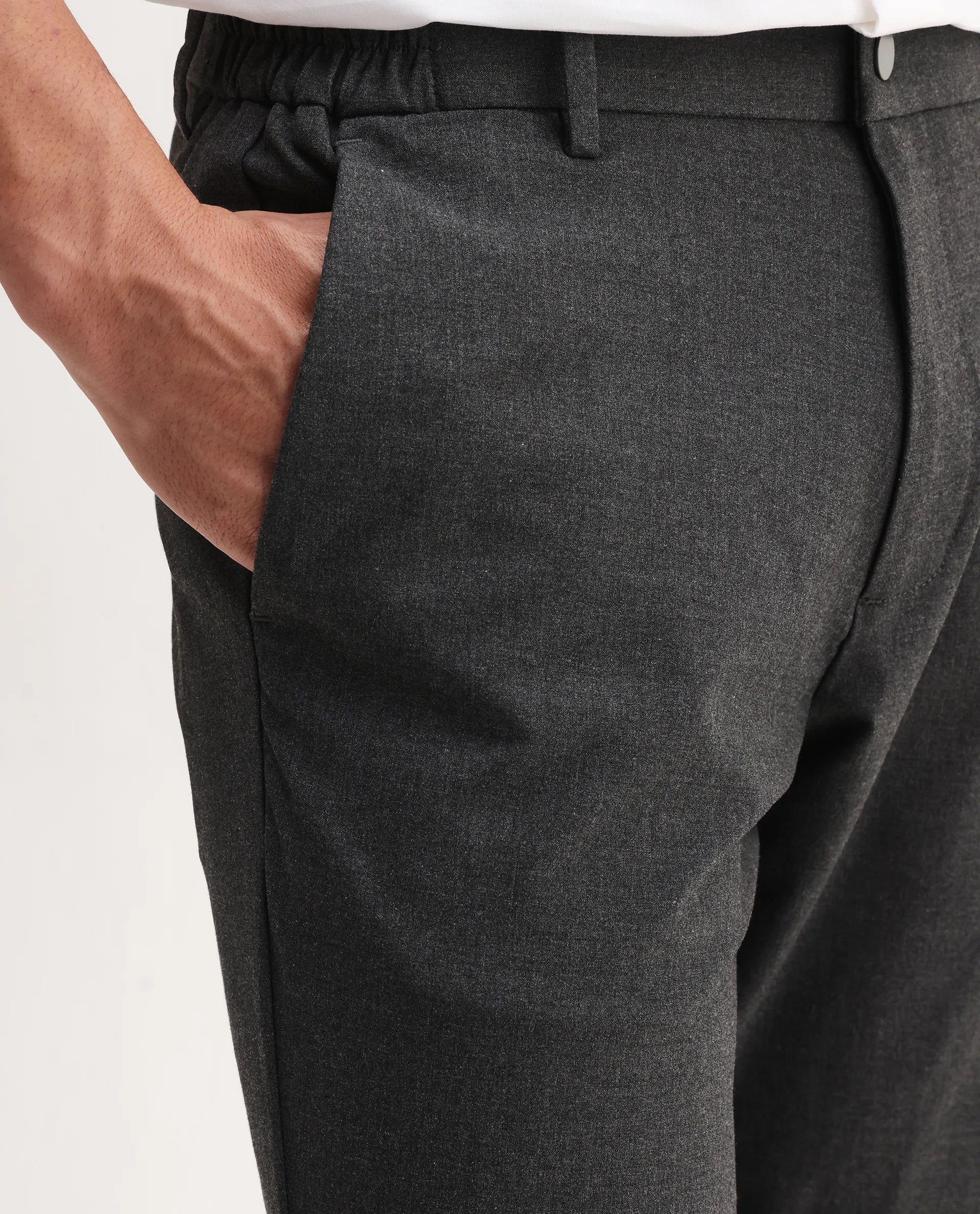 Rare Rabbit Men's Travel-Aw25 Dark Grey Polyester Blend Plain Regular Fit Trouser