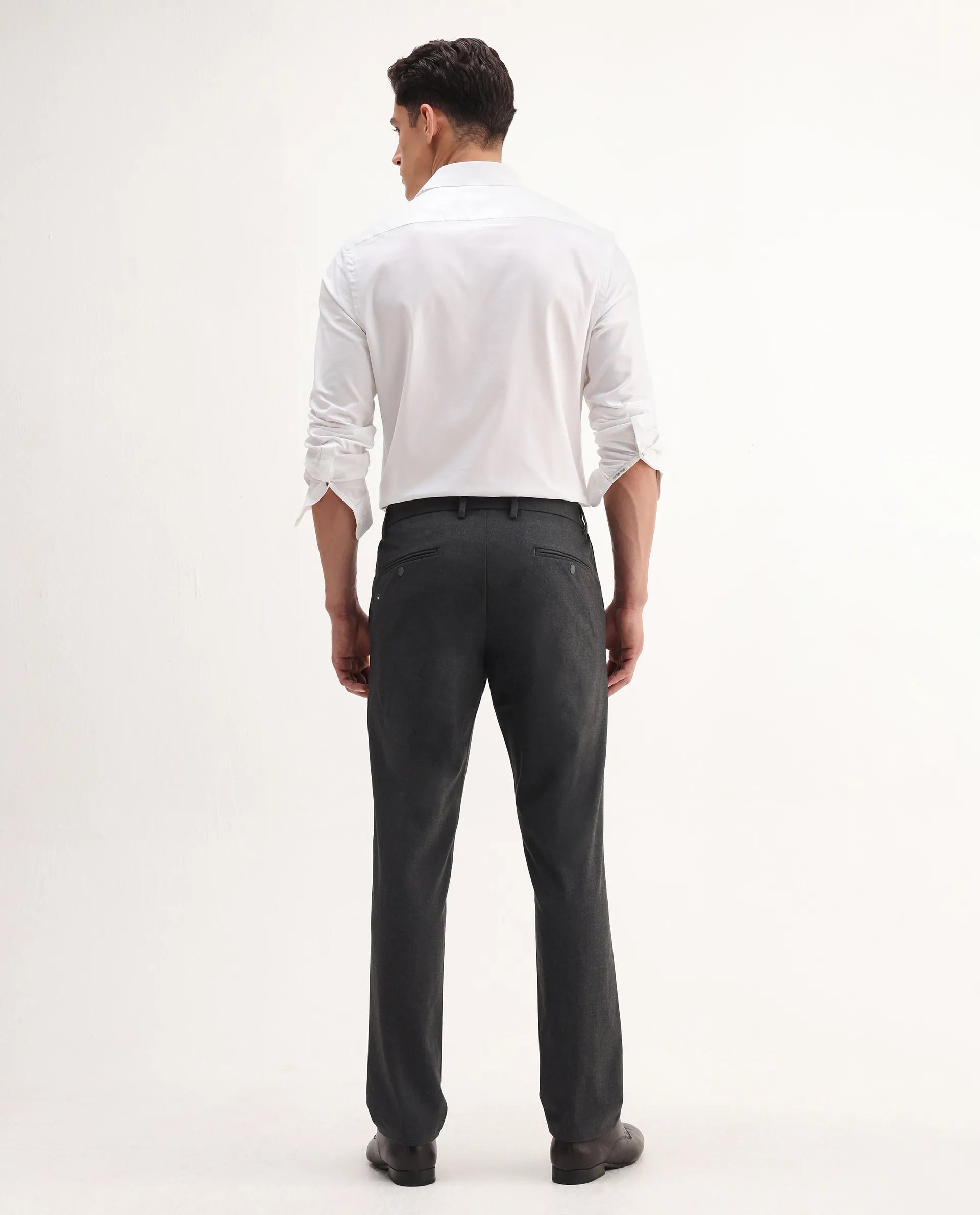 Rare Rabbit Men's Travel-Aw25 Dark Grey Polyester Blend Plain Regular Fit Trouser