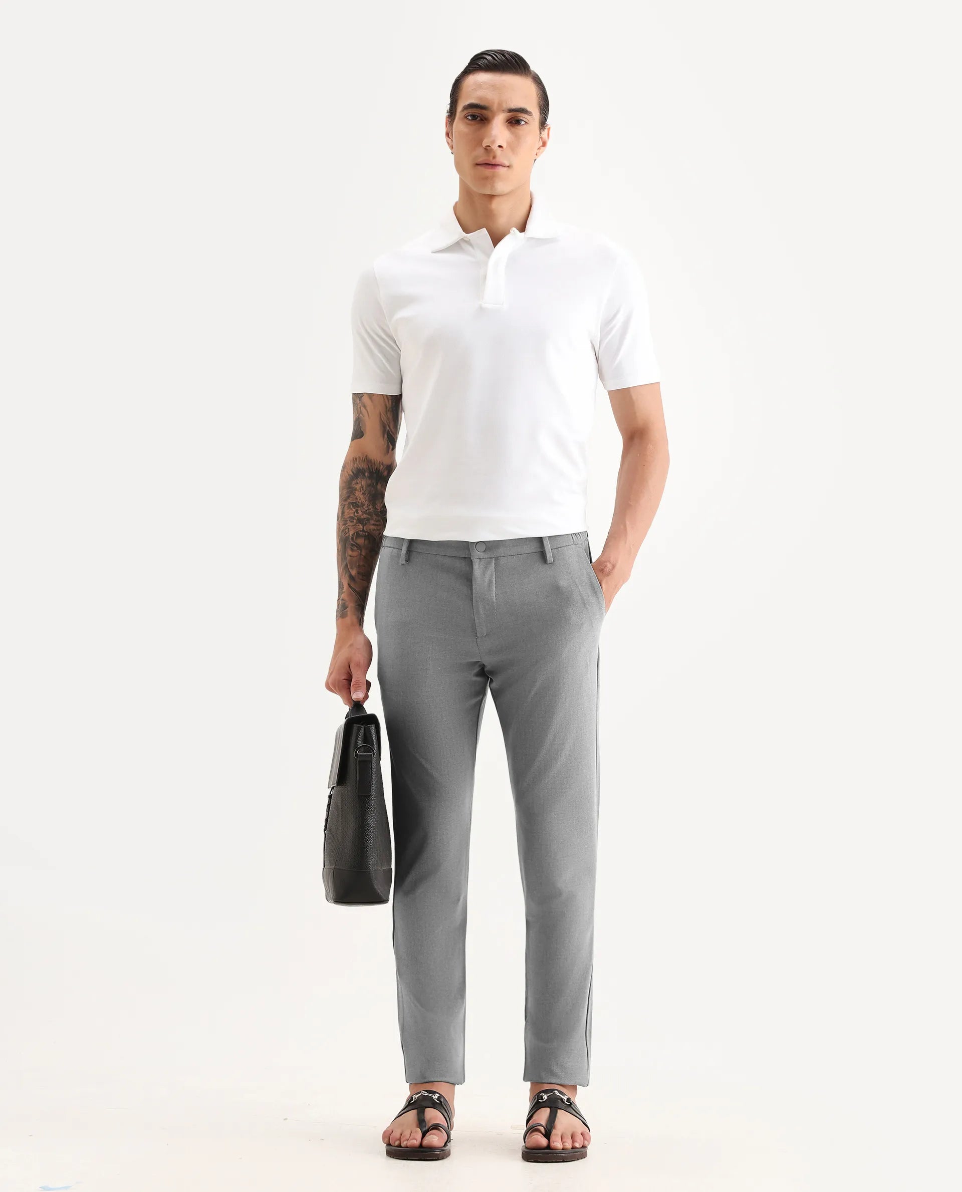 Rare Rabbit Men's Traveller Grey Solid Mid-Rise Regular Fit Trouser