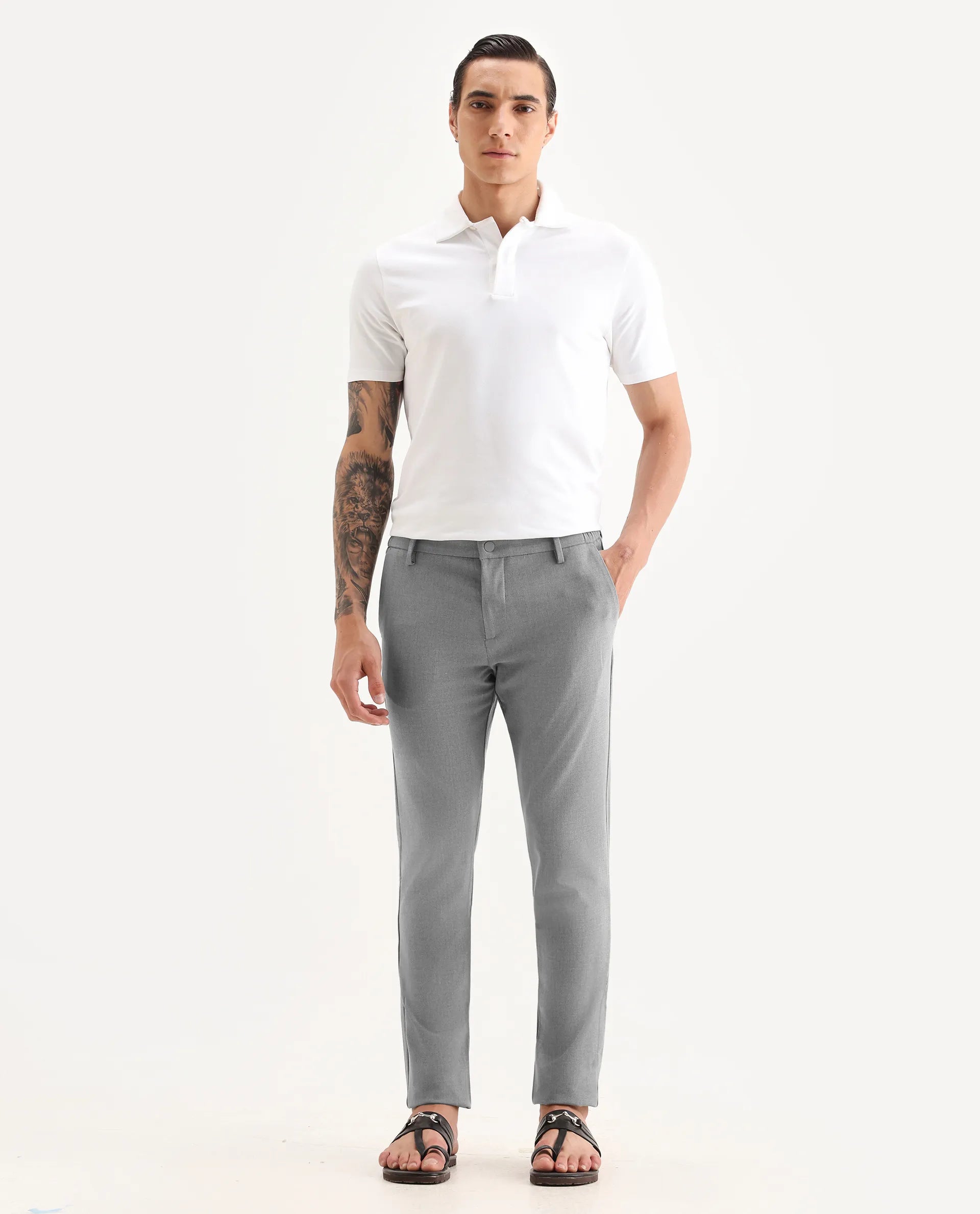 Rare Rabbit Men's Traveller Grey Solid Mid-Rise Regular Fit Trouser