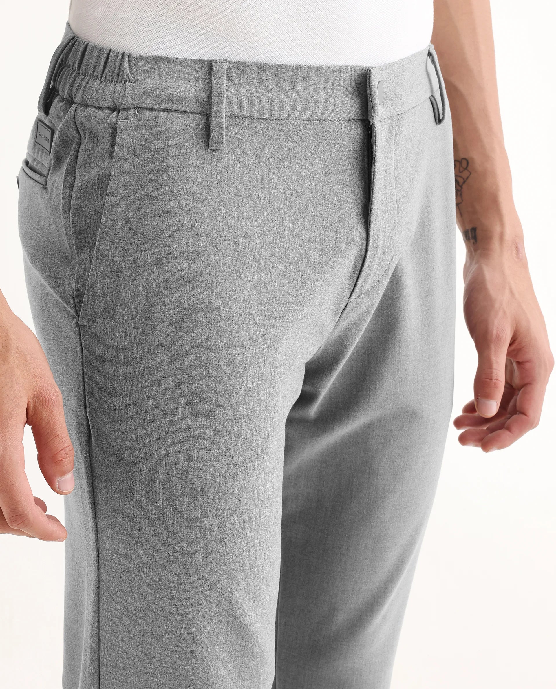 Rare Rabbit Men's Traveller Grey Solid Mid-Rise Regular Fit Trouser