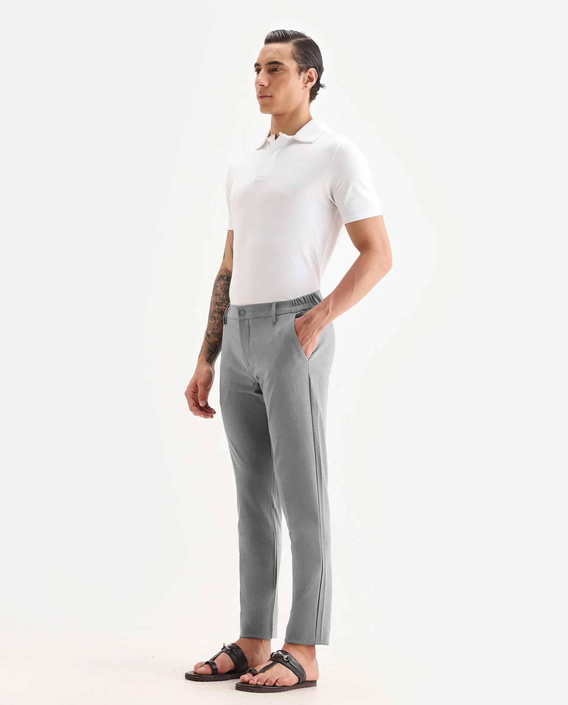 Rare Rabbit Men's Traveller Grey Solid Mid-Rise Regular Fit Trouser