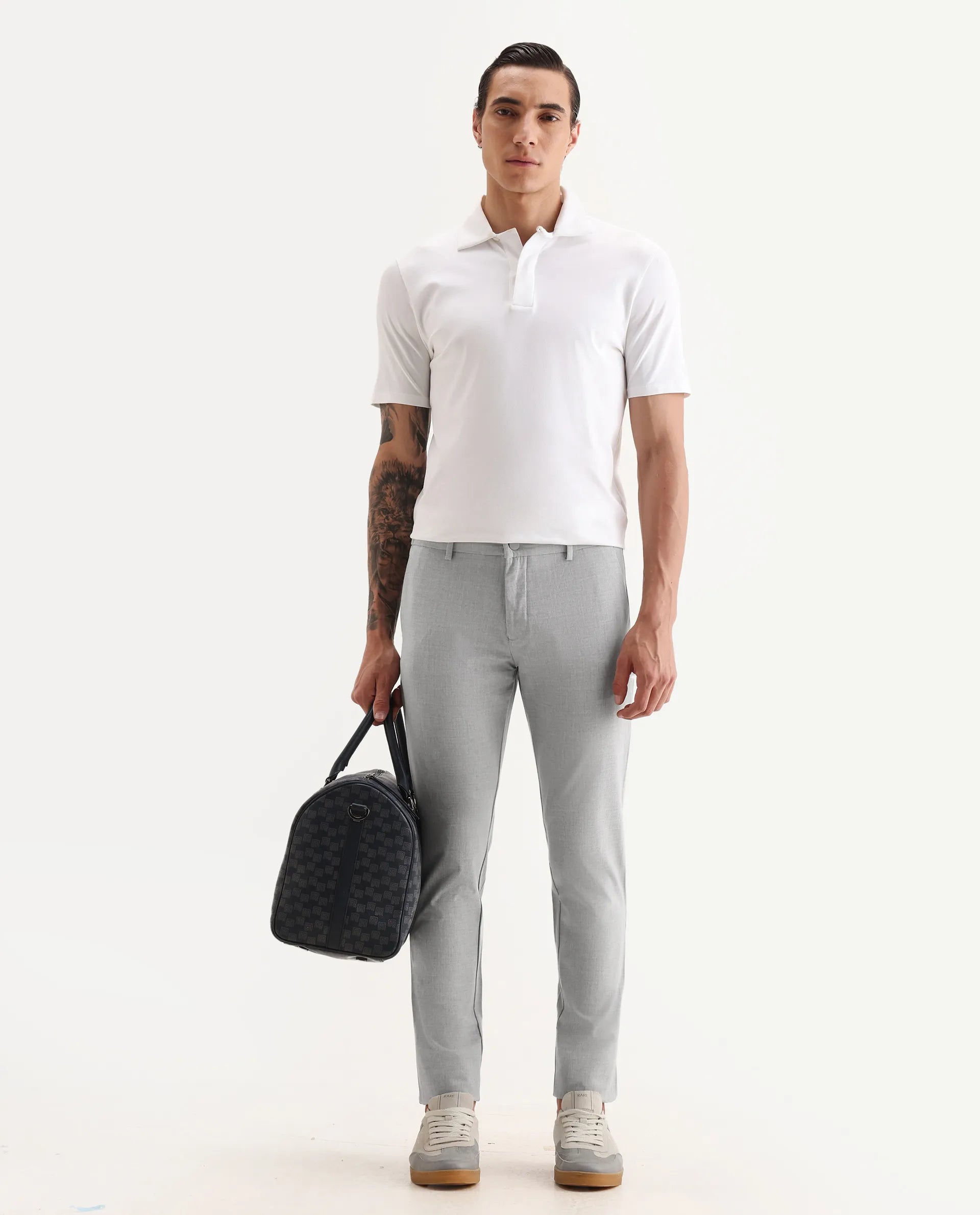 Rare Rabbit Men's Travellers Light Grey Solid Mid-Rise Regular Fit Trouser