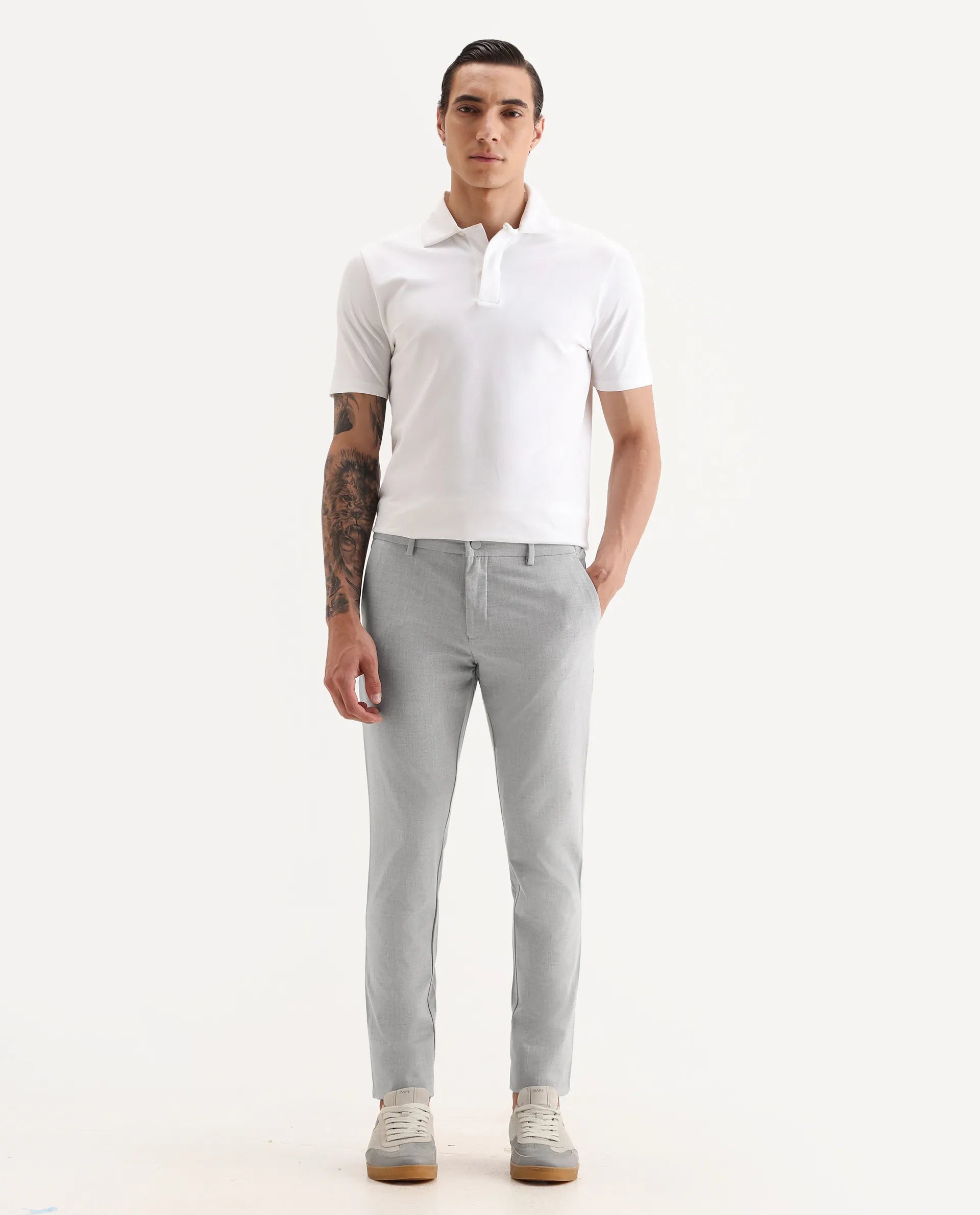 Rare Rabbit Men's Travellers Light Grey Solid Mid-Rise Regular Fit Trouser