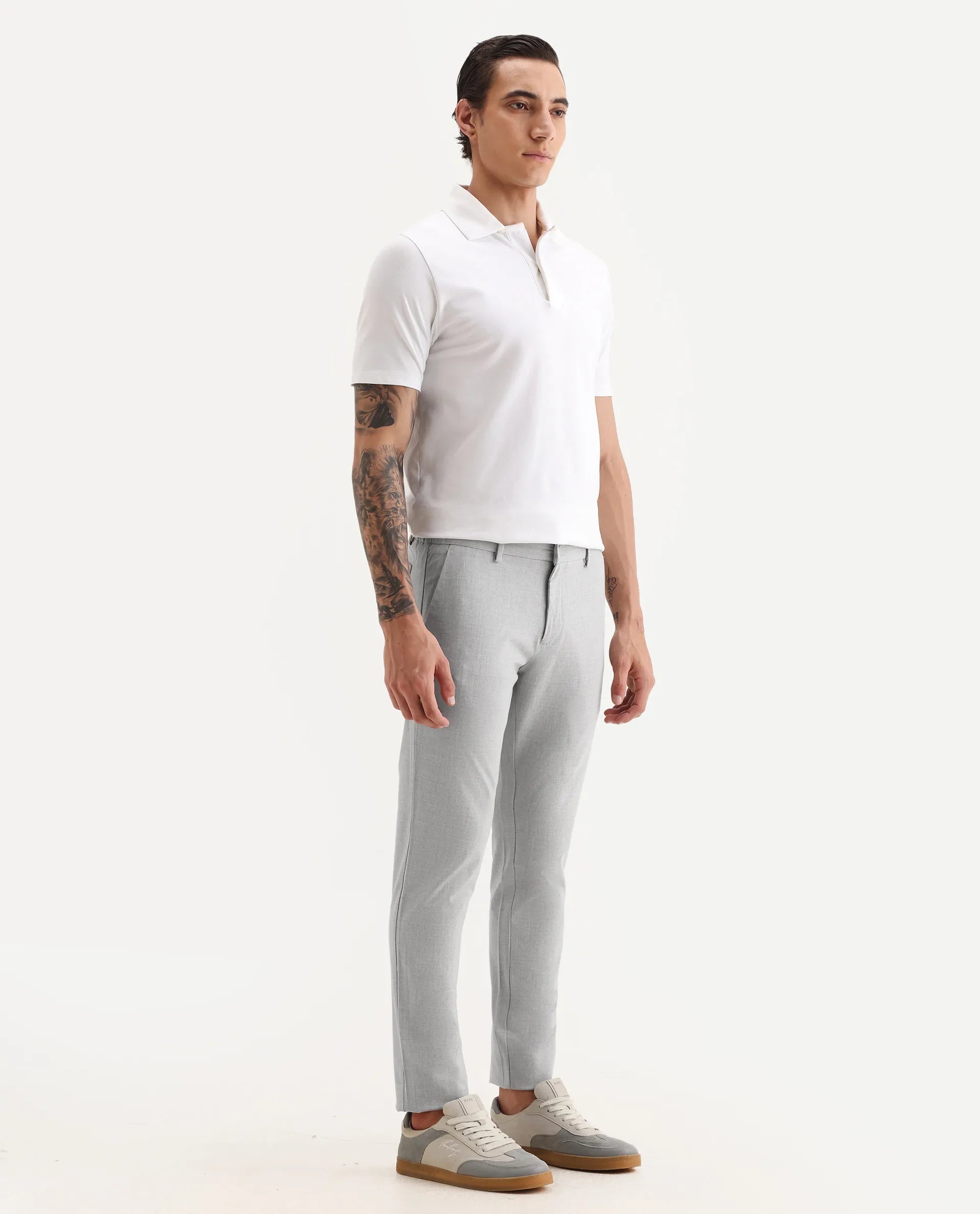 Rare Rabbit Men's Travellers Light Grey Solid Mid-Rise Regular Fit Trouser