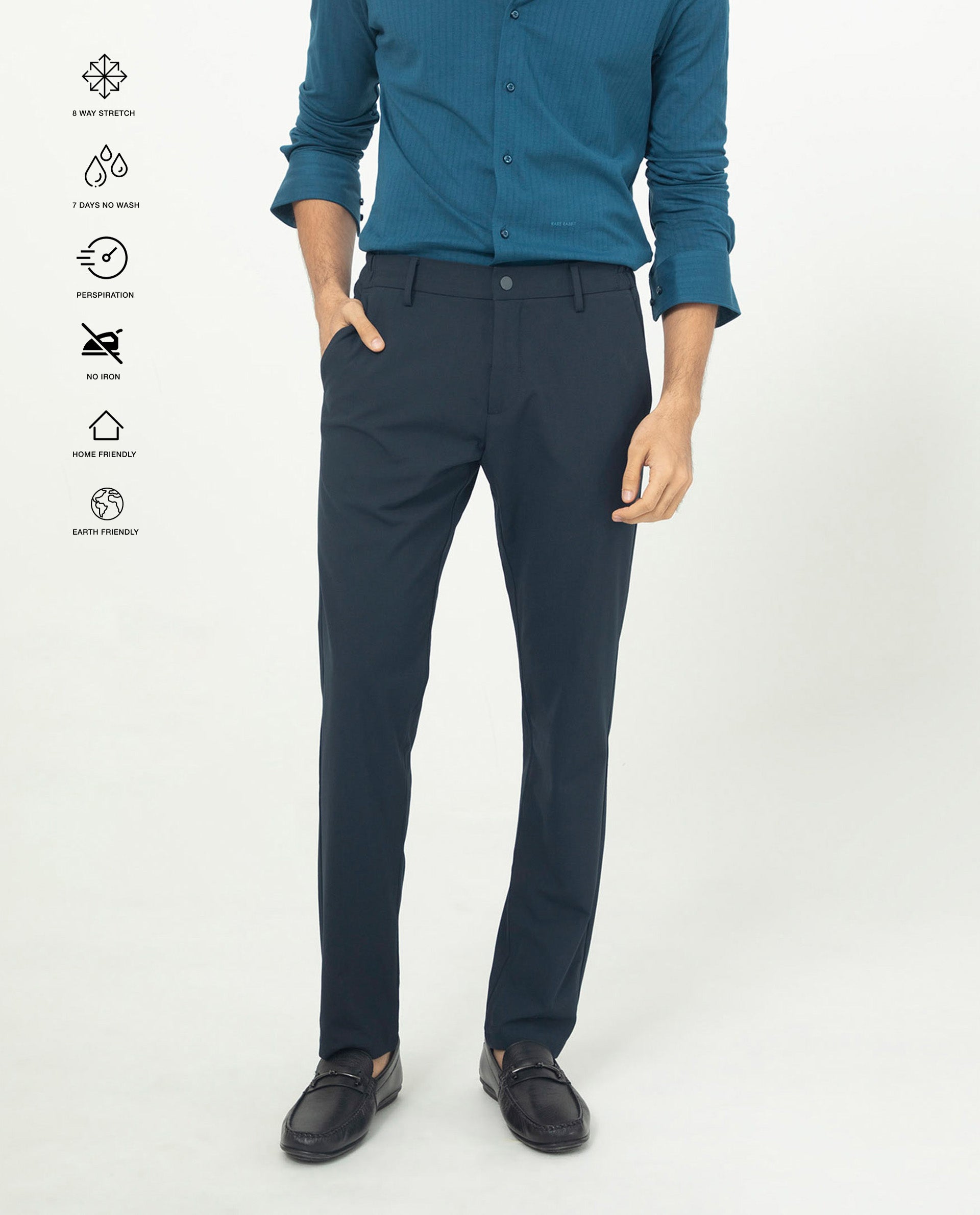 Rare Rabbit Men's Traveller Navy Solid Mid-Rise Regular Fit Trouser