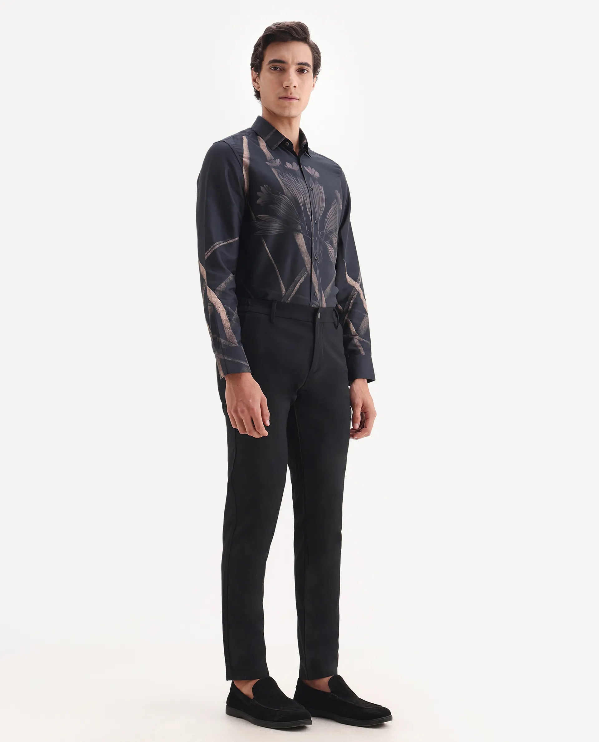 Rare Rabbit Men's Traveller Black Solid Mid-Rise Regular Fit Trouser