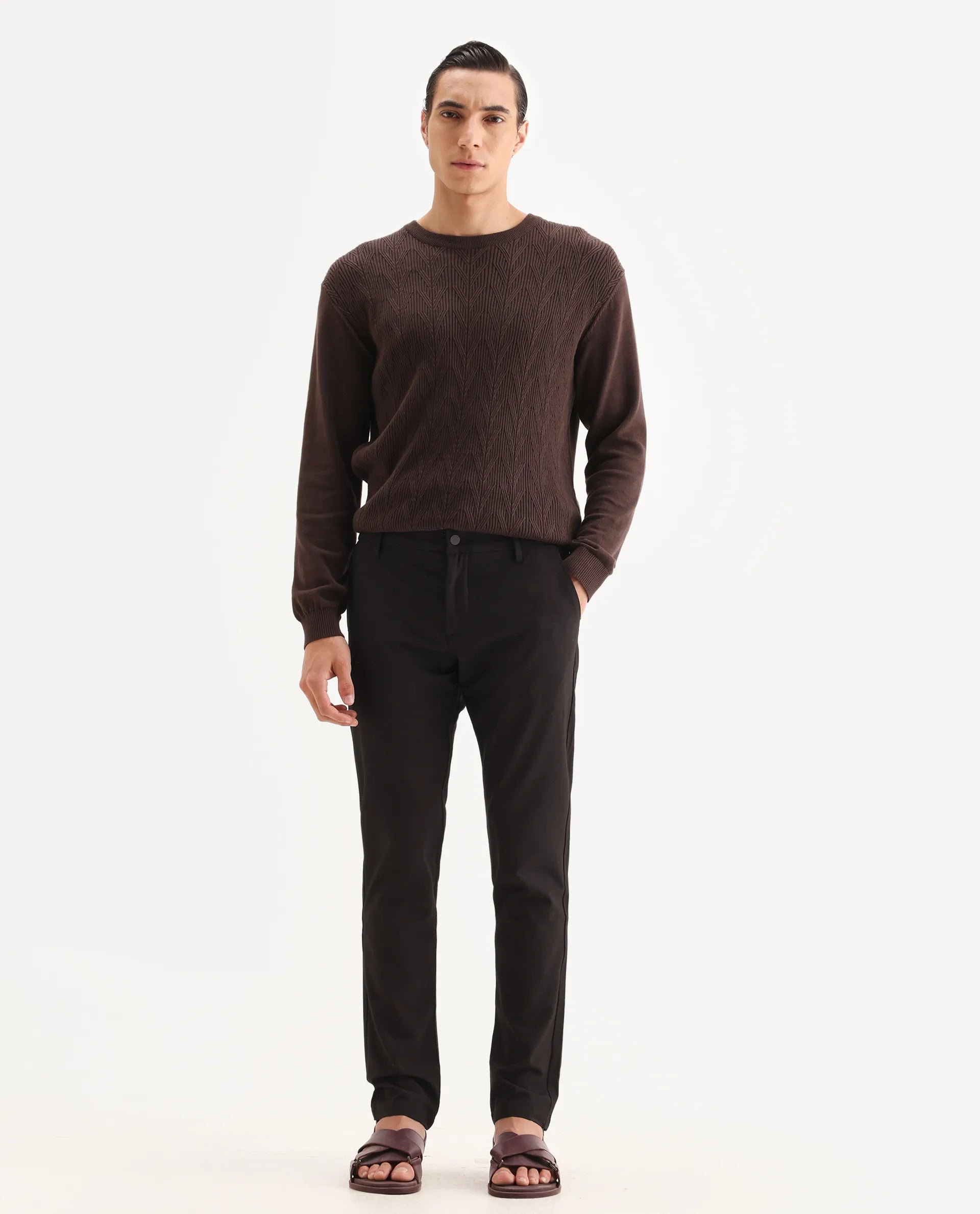 Rare Rabbit Men's Traveller Maroon Solid Mid-Rise Regular Fit Trouser