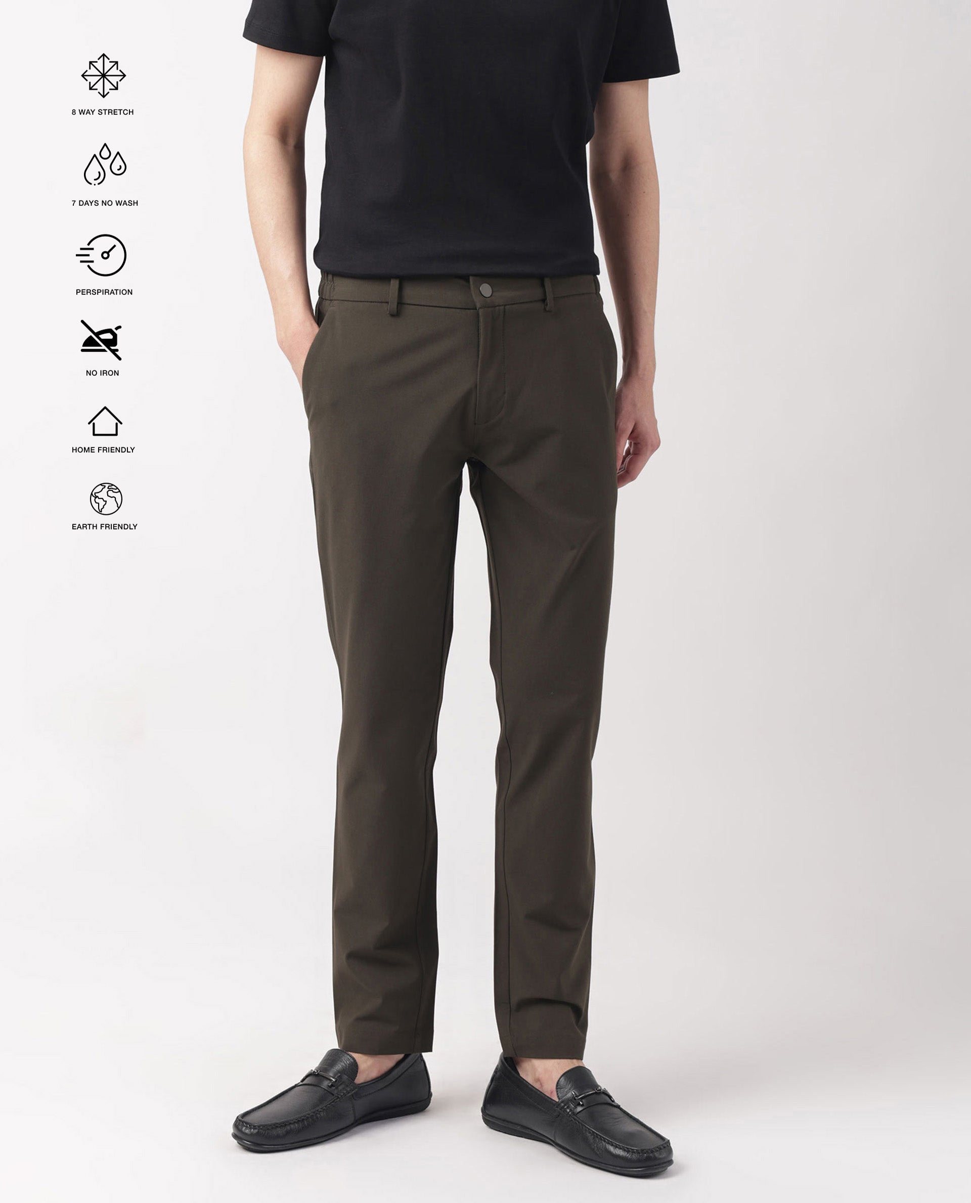 Rare Rabbit Men's Travellers Dark Olive Solid Mid-Rise Regular Fit Trouser