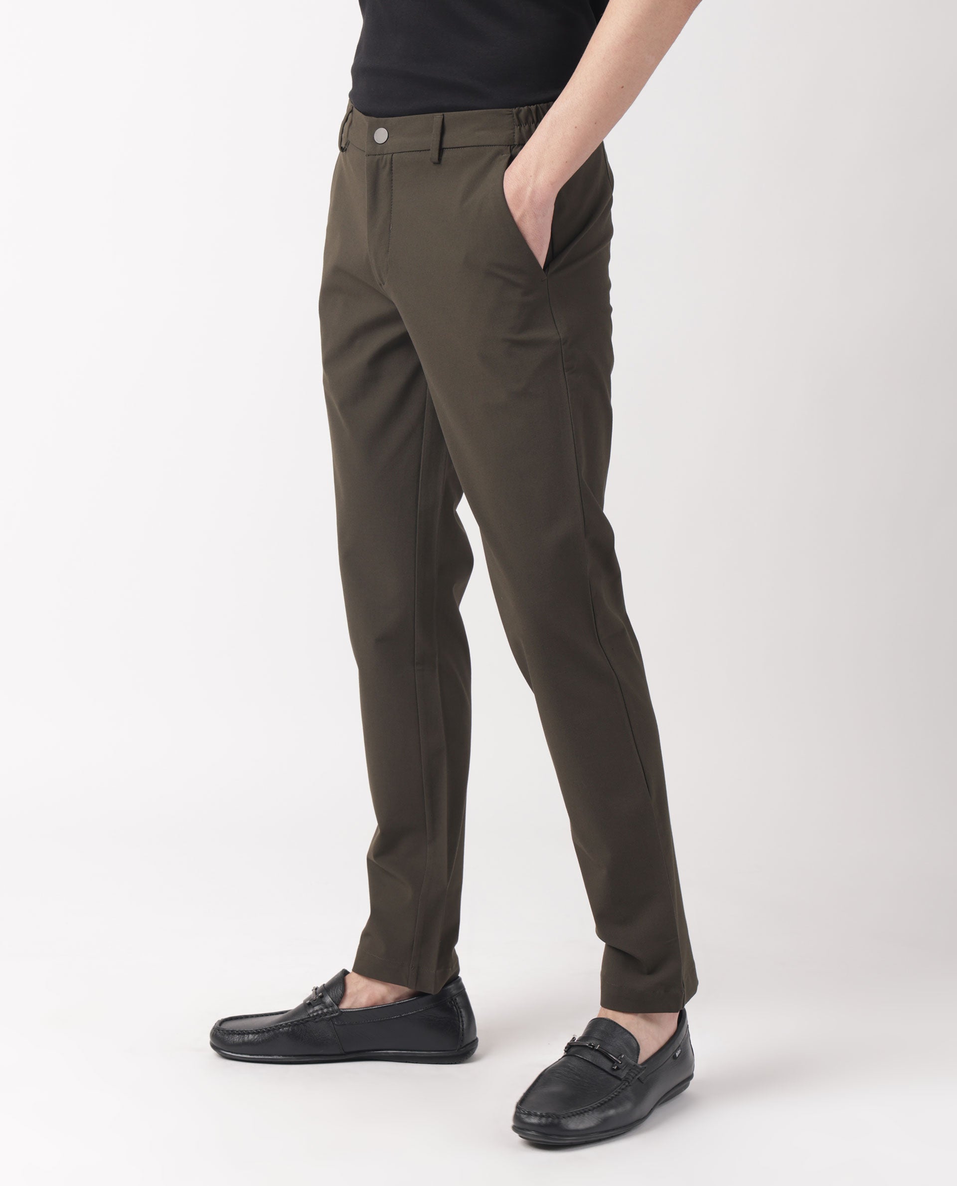 Rare Rabbit Men's Travellers Dark Olive Solid Mid-Rise Regular Fit Trouser
