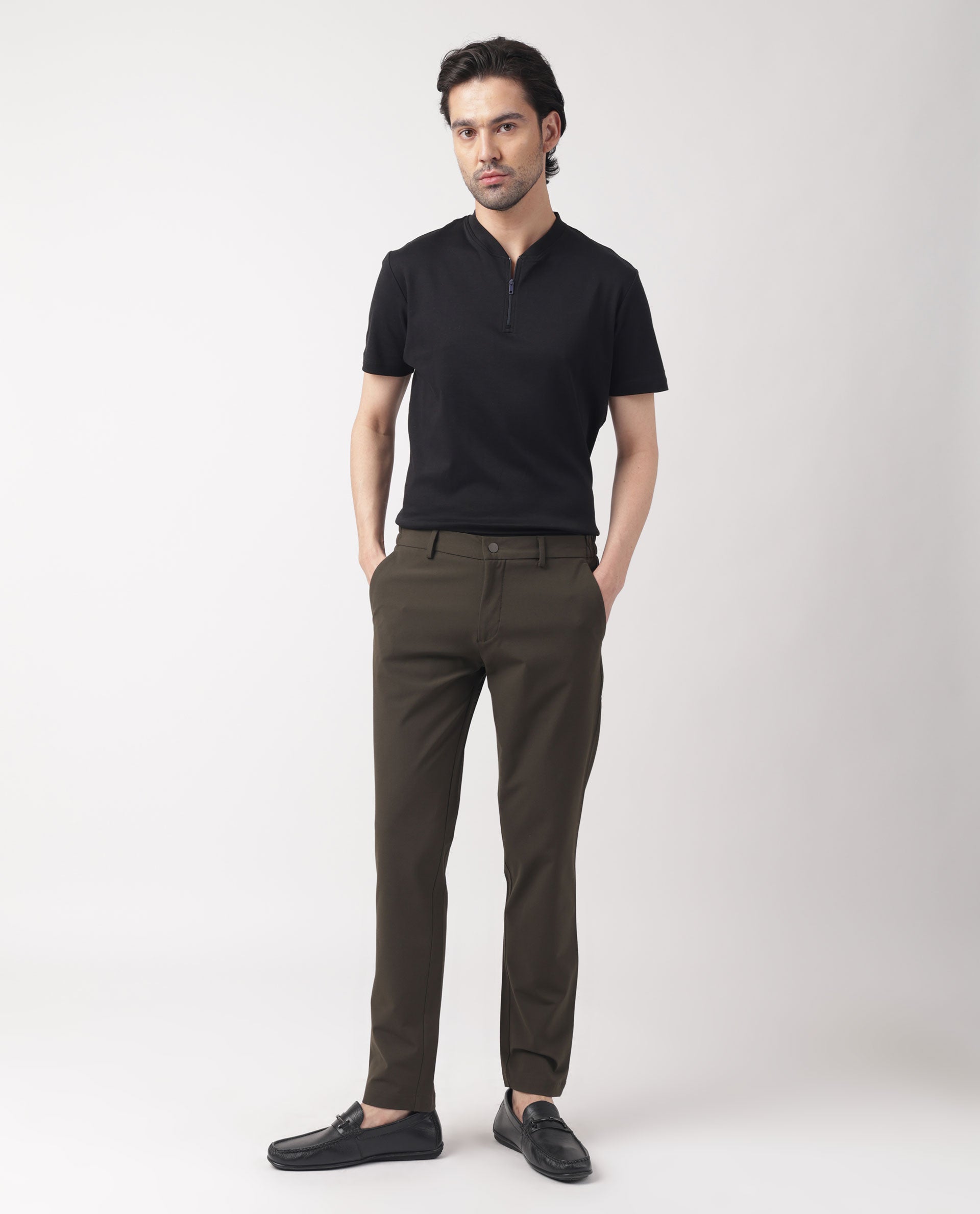 Rare Rabbit Men's Travellers Dark Olive Solid Mid-Rise Regular Fit Trouser
