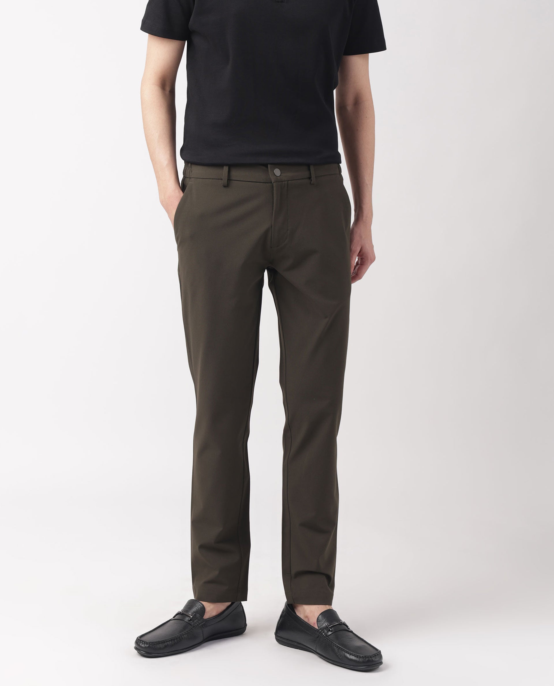 Rare Rabbit Men's Travellers Dark Olive Solid Mid-Rise Regular Fit Trouser