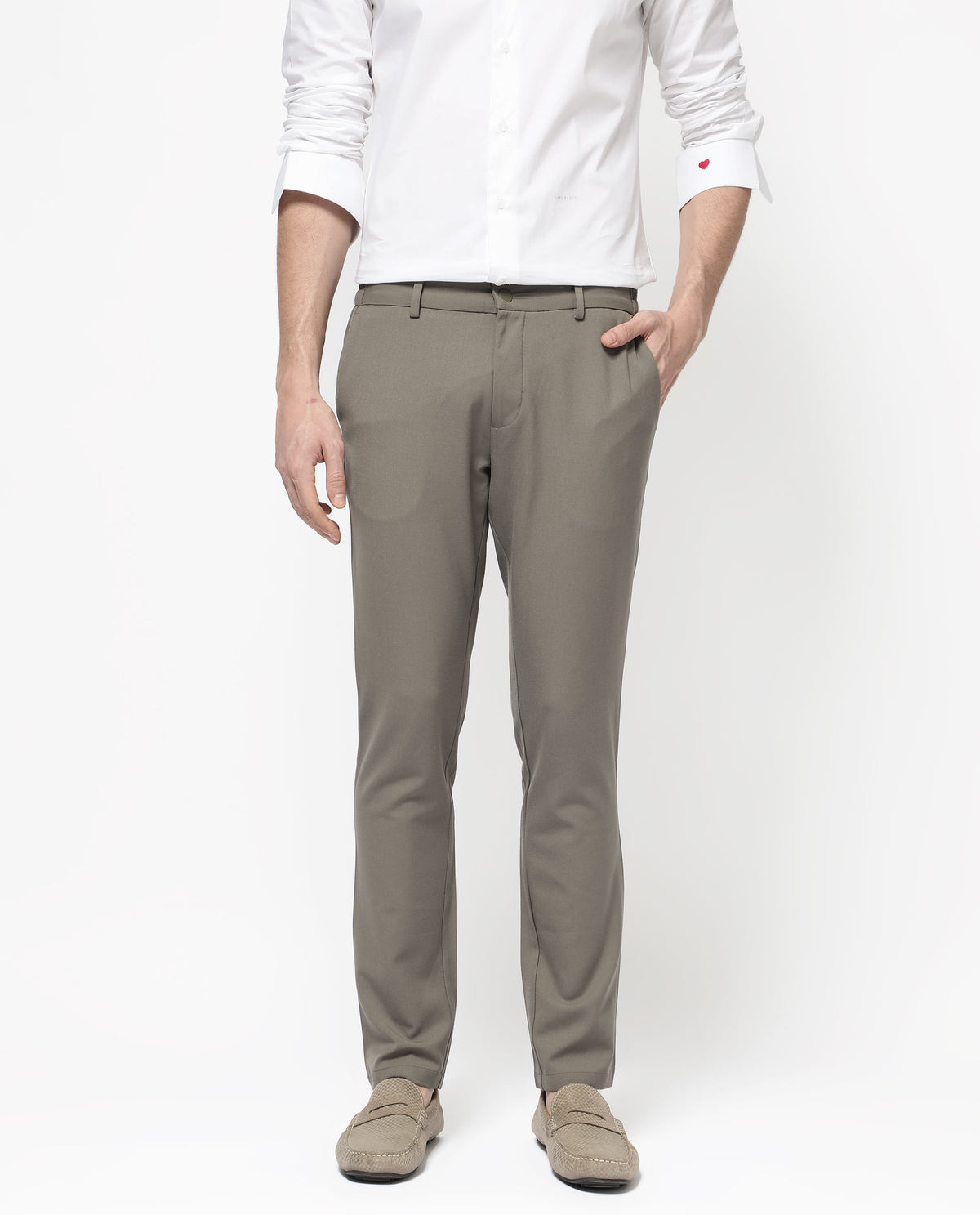 Rare Rabbit Men's Travellers Dark Beige Solid Mid-Rise Regular Fit Trouser