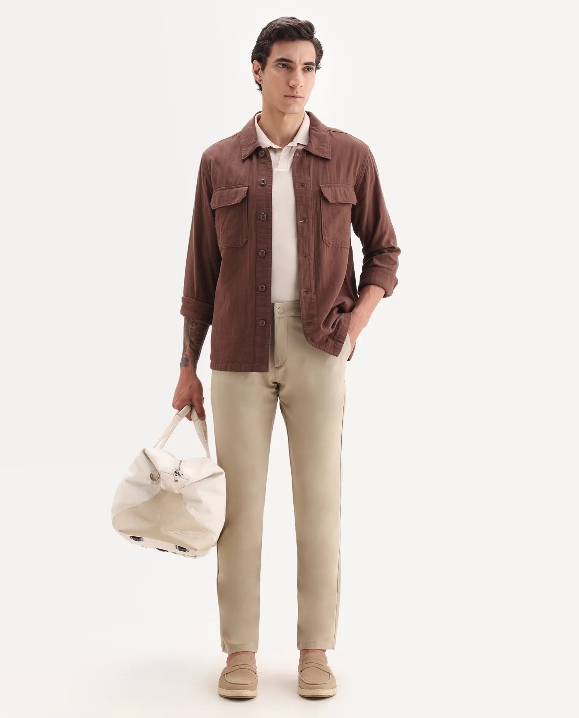 Rare Rabbit Men's Traveller Beige Solid Mid-Rise Regular Fit Trouser