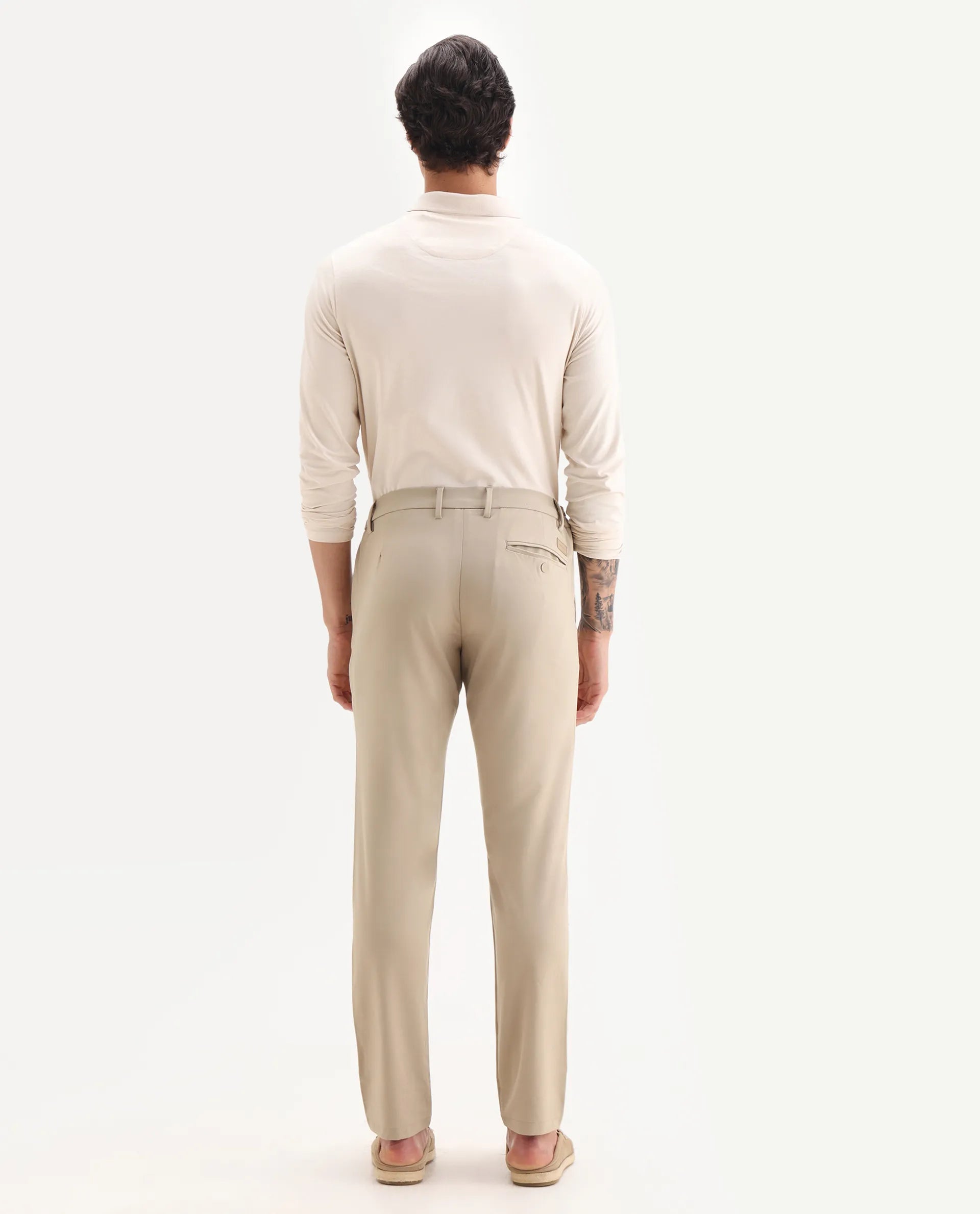 Rare Rabbit Men's Traveller Beige Solid Mid-Rise Regular Fit Trouser