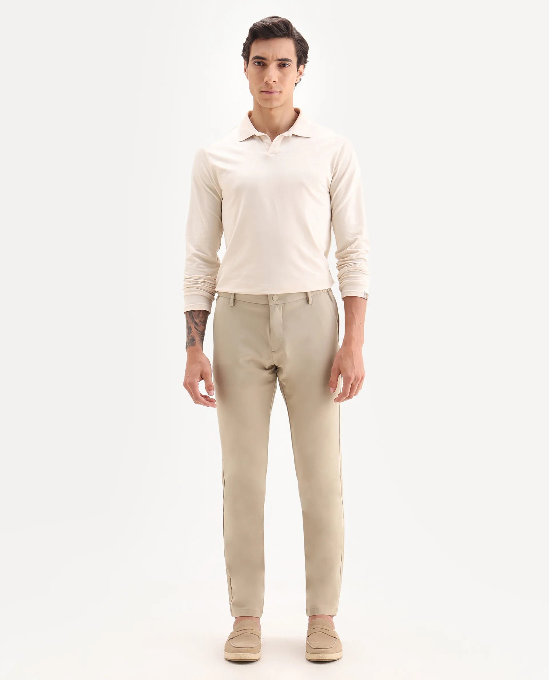 Rare Rabbit Men's Traveller Beige Solid Mid-Rise Regular Fit Trouser