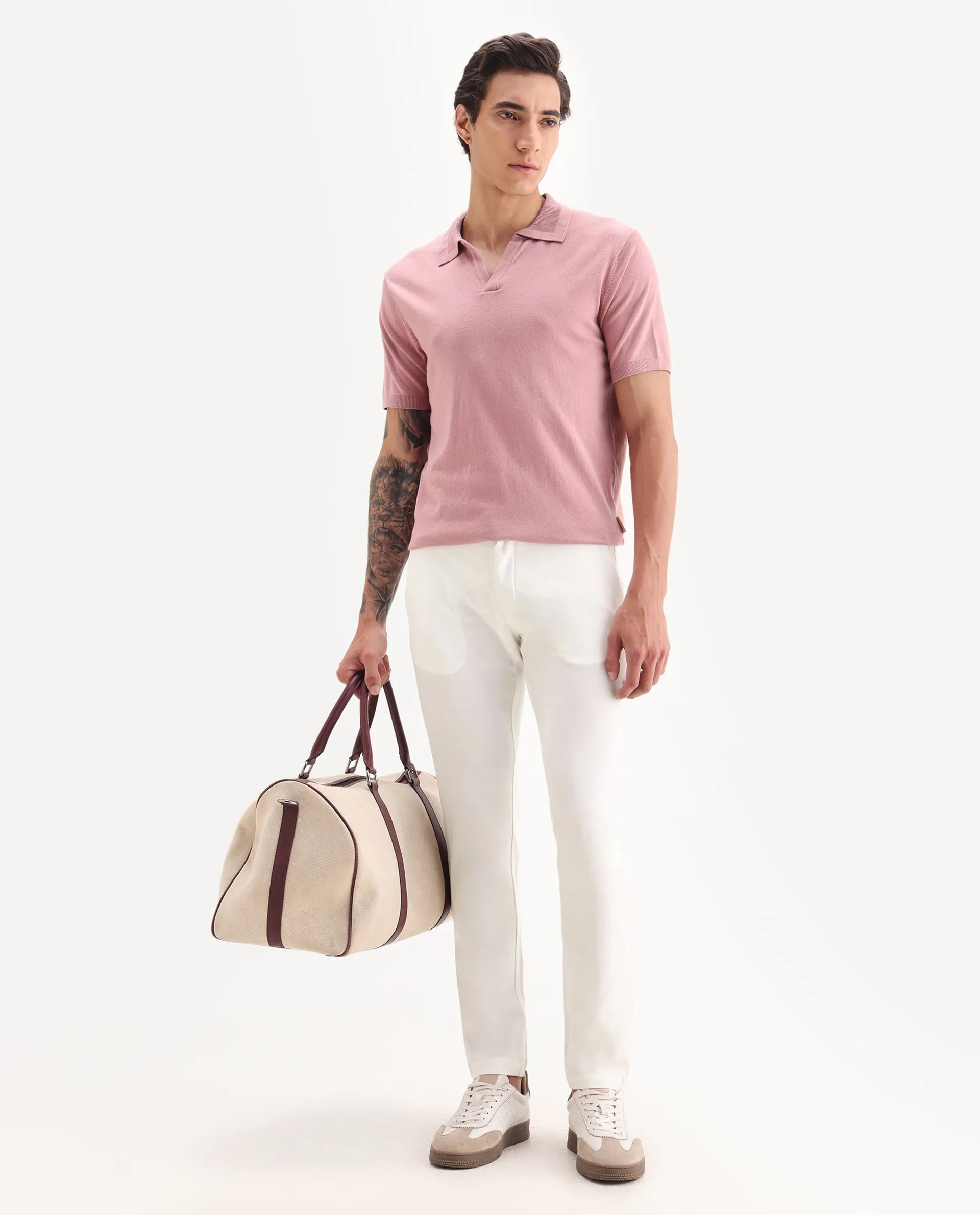 Rare Rabbit Men's Travellers Off White Solid Mid-Rise Regular Fit Trouser