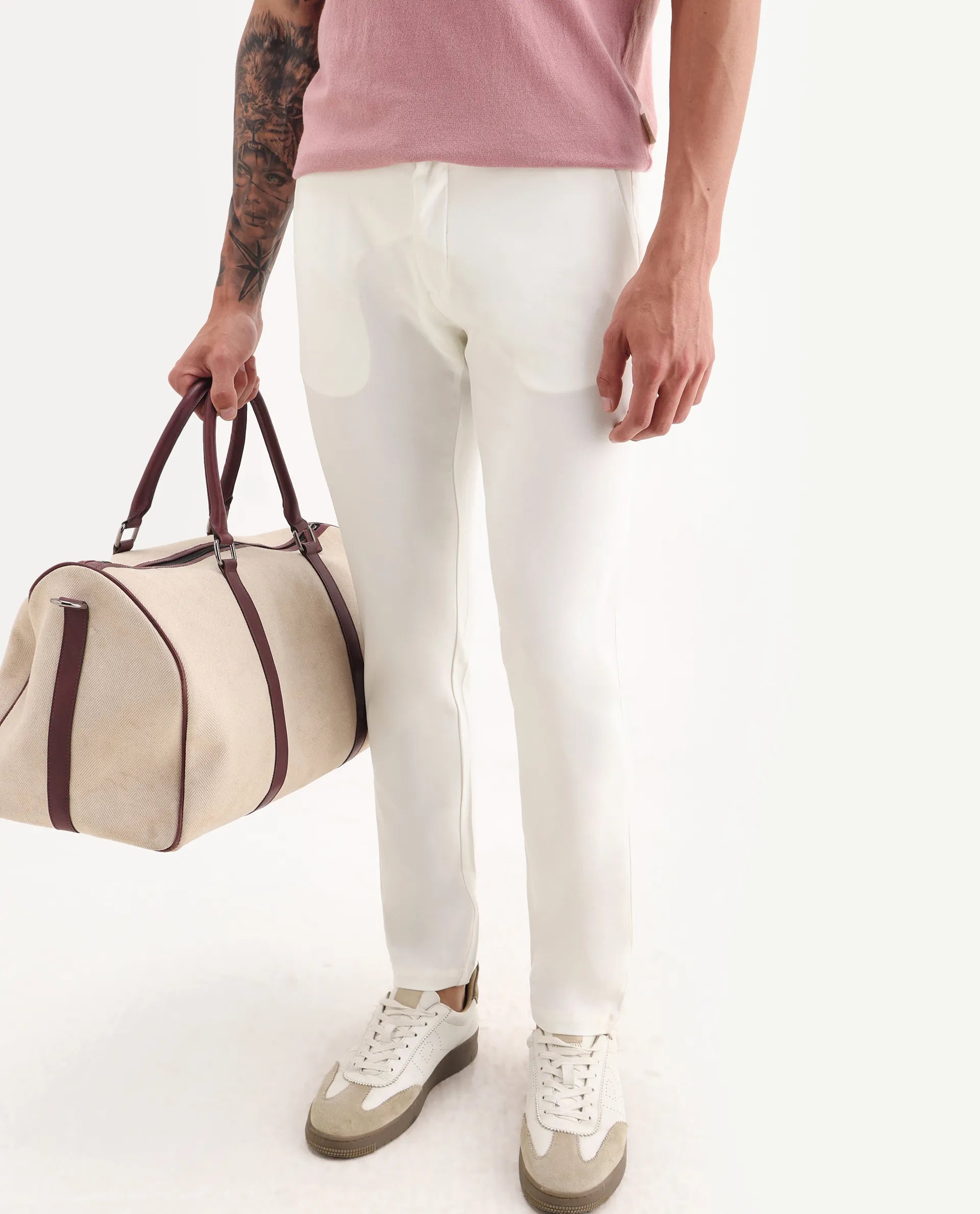 Rare Rabbit Men's Travellers Off White Solid Mid-Rise Regular Fit Trouser