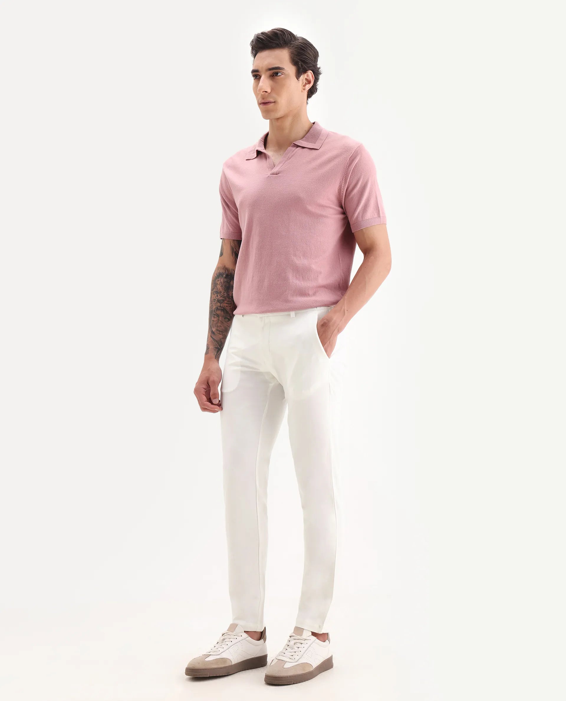 Rare Rabbit Men's Travellers Off White Solid Mid-Rise Regular Fit Trouser